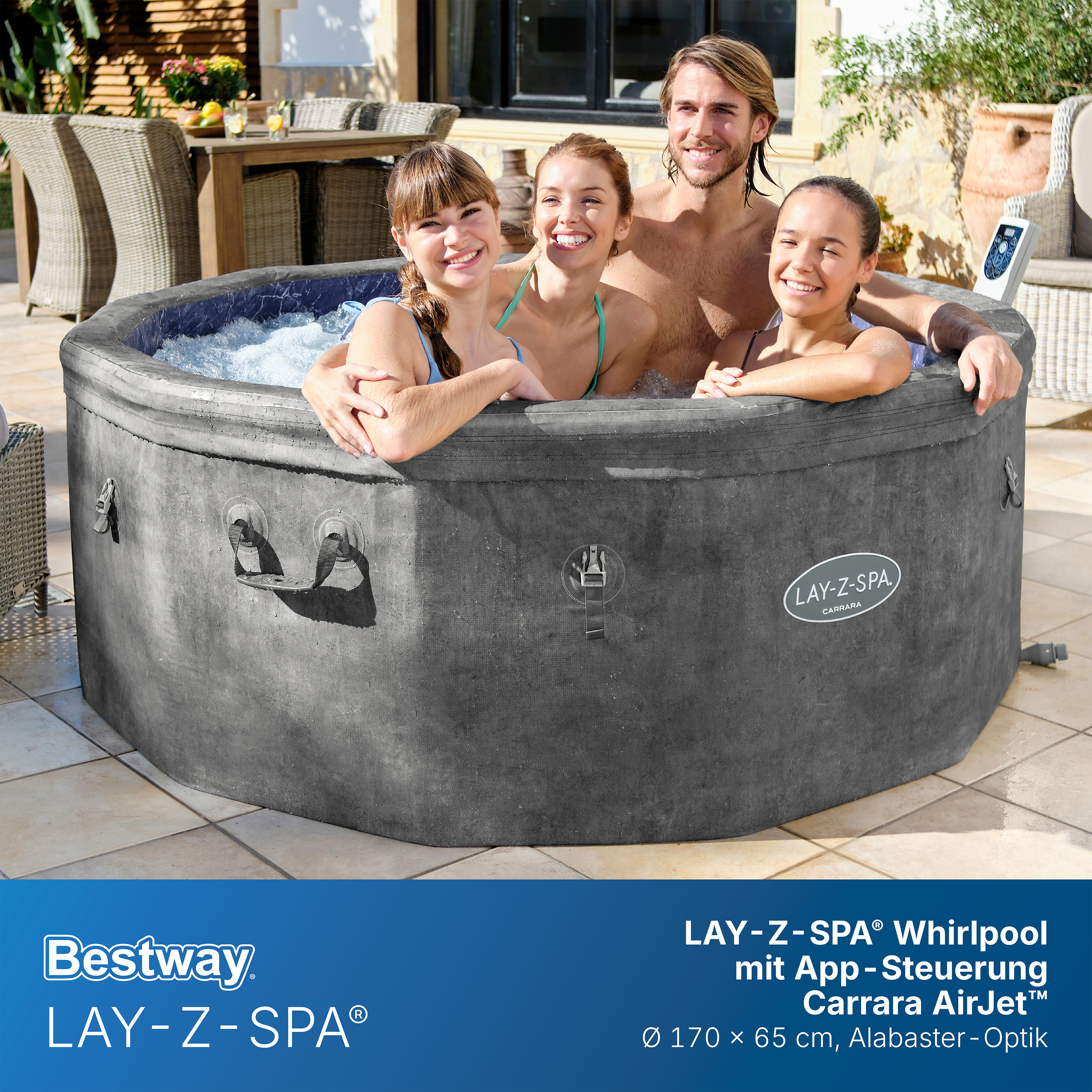 LAY-Z-SPA® WLAN-Whirlpool Carrara AirJet™ mit App-Steuerung, für 6 Personen, Ø 170 x 65 cm, Alabaster-Optik