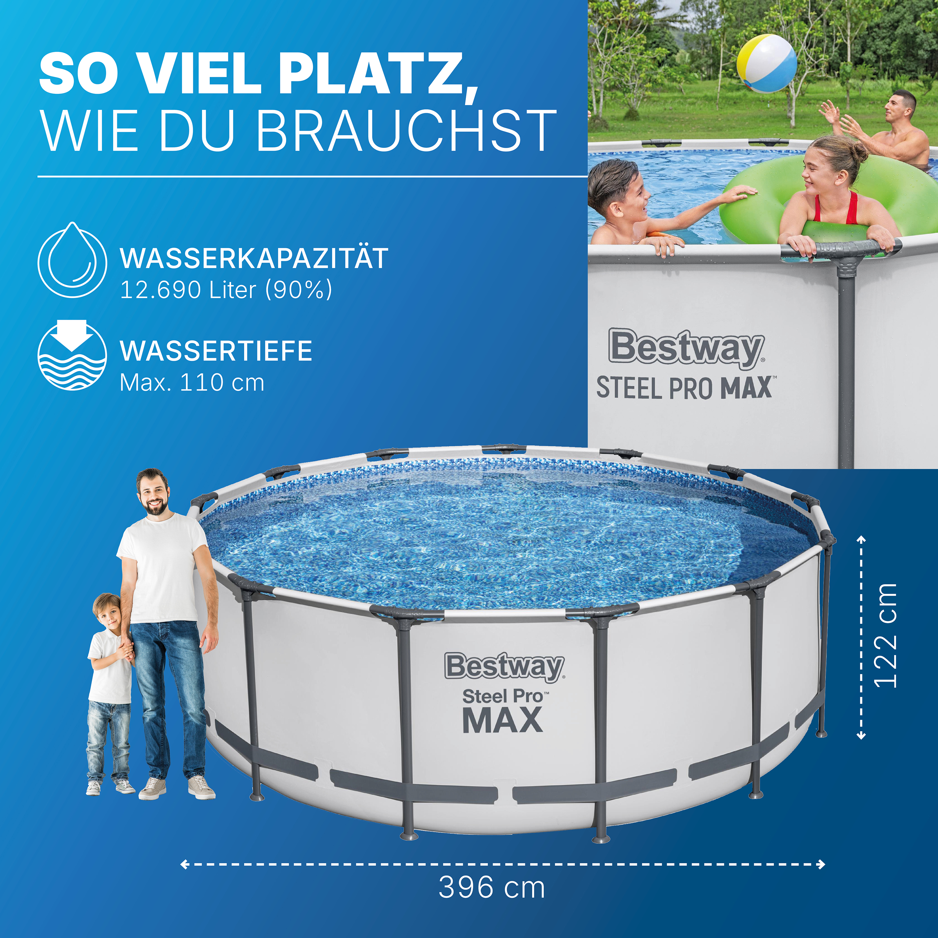 Steel Pro MAX™ Solo Pool ohne Zubehör Ø 396 x 122 cm, lichtgrau, rund