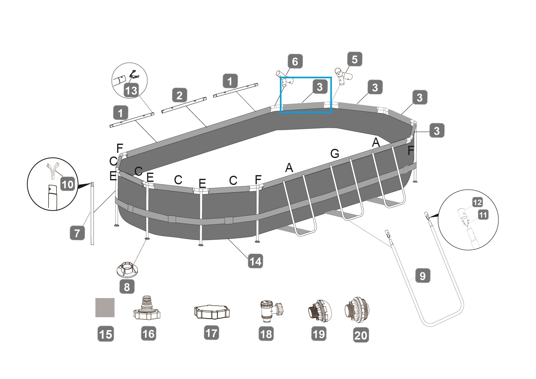 Bestway® Spare Part Top rail C for Power Steel Deluxe Series pool 549cm x 274cm x 122cm, oval
