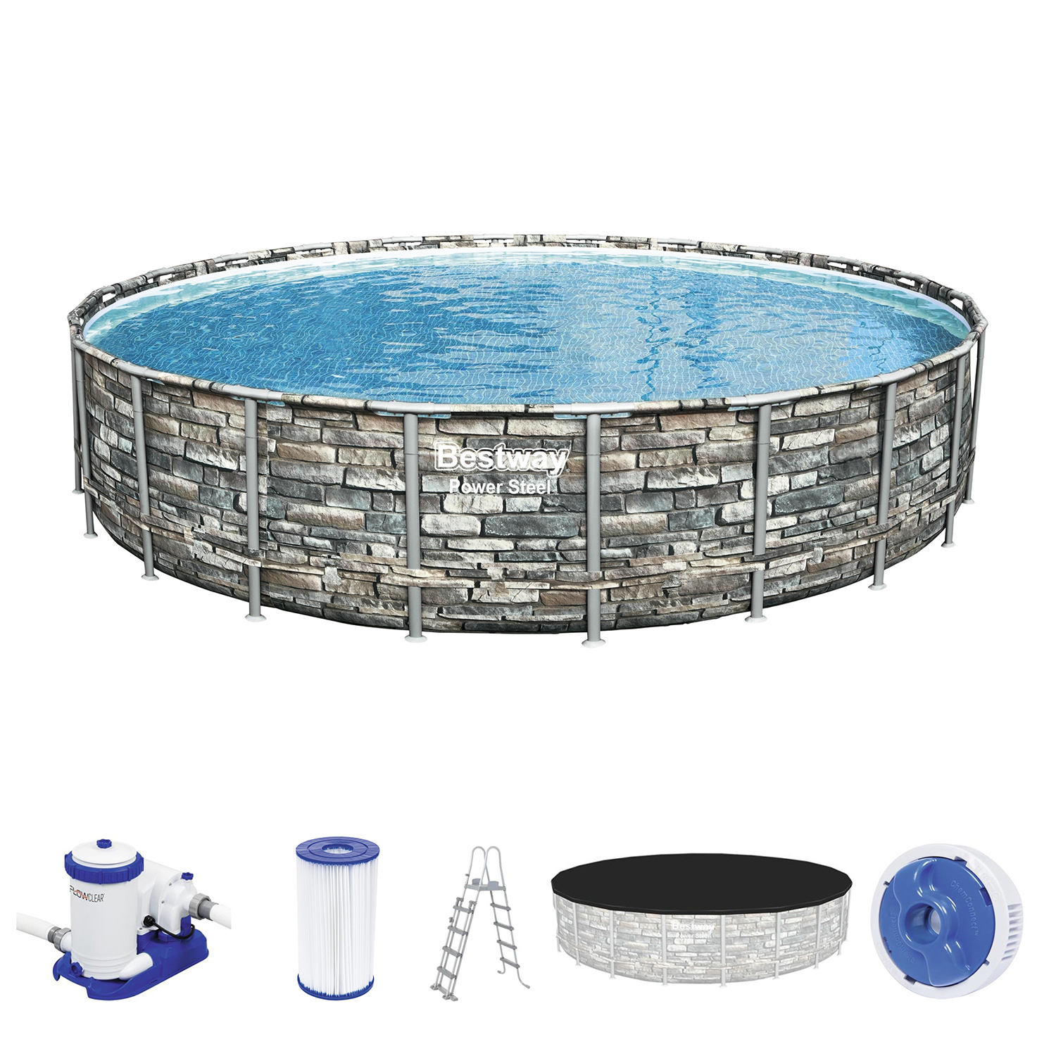 Power Steel™ Frame Pool Komplett-Set mit Filterpumpe Ø 671 x 132 cm Steinwand-Optik (Naturstein), rund