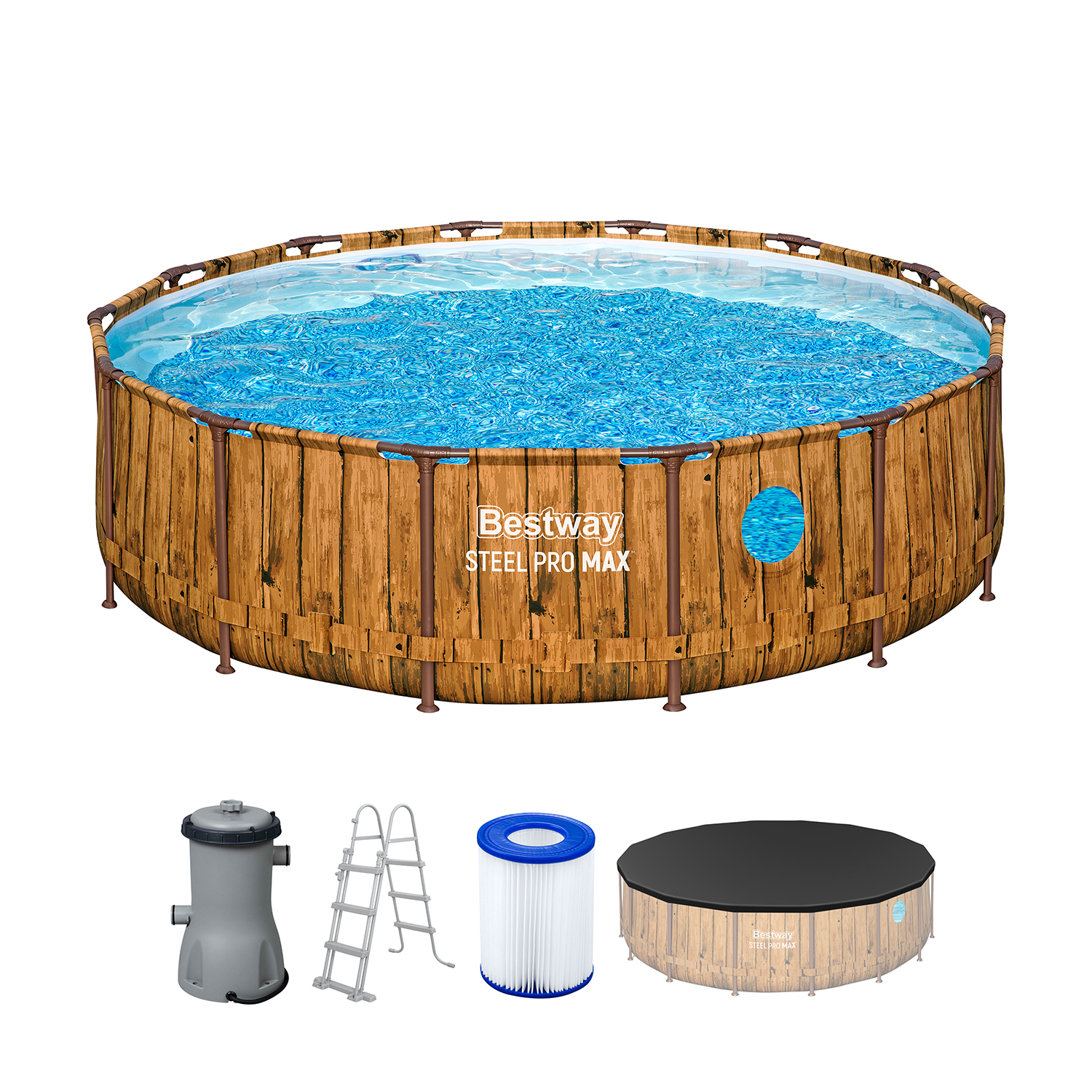 Steel Pro MAX™ Splashview™ Frame Pool Komplett-Set mit Filterpumpe Ø 427 x 107 cm, Holz-Optik (Pinie), rund