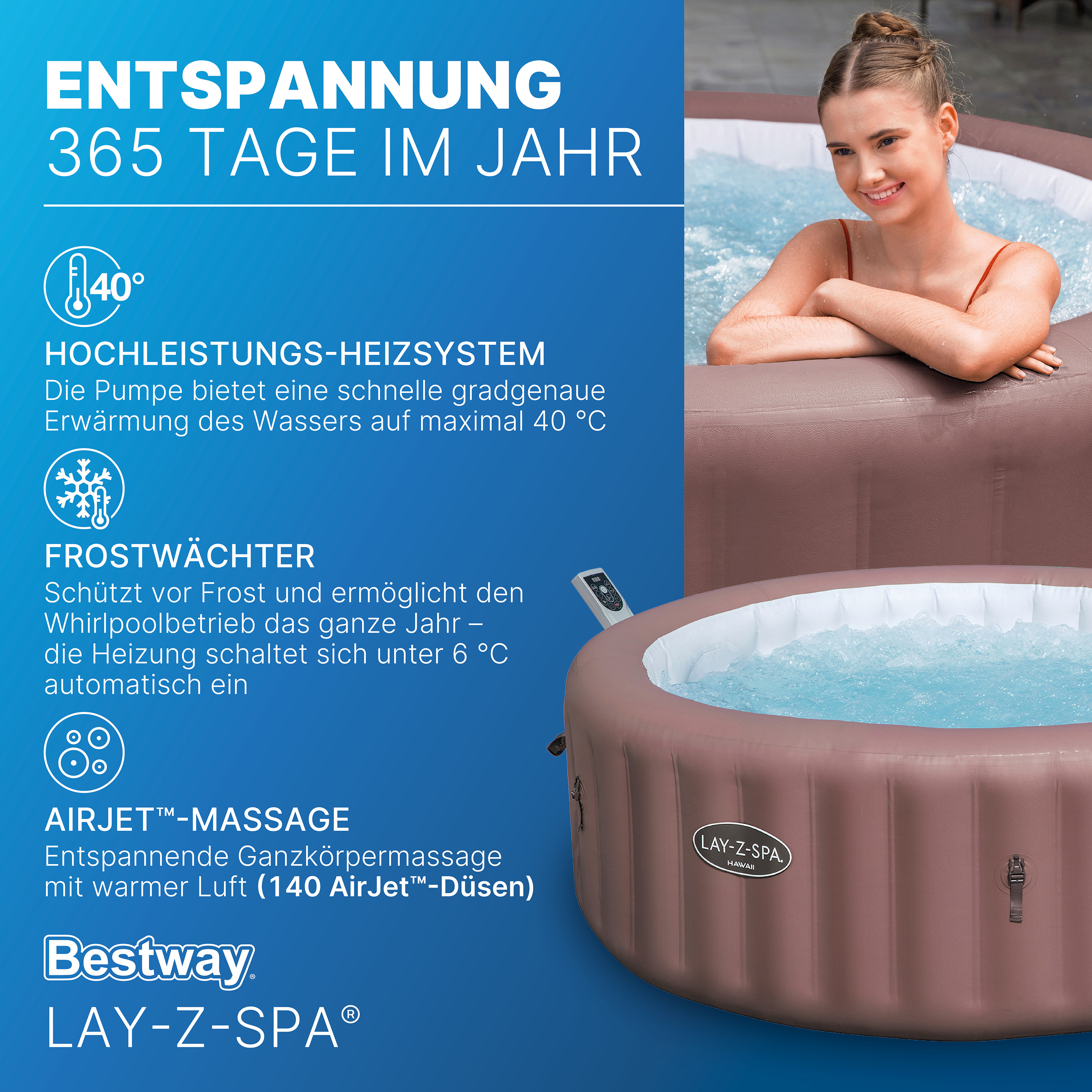 LAY-Z-SPA® WLAN-Whirlpool Hawaii AirJet™ mit App-Steuerung, für 6 Personen, Ø 196 x 71 cm, Terrakotta