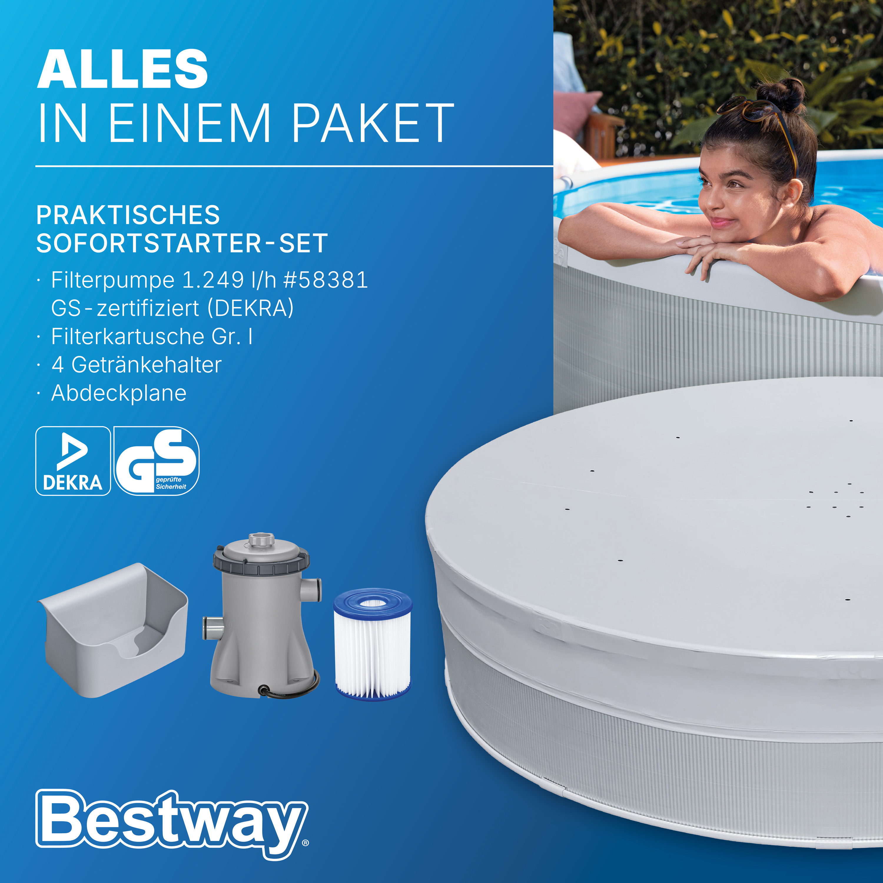Stahlwandpool-Set mit Filterpumpe Ø 305 x 61 cm, grau, rund