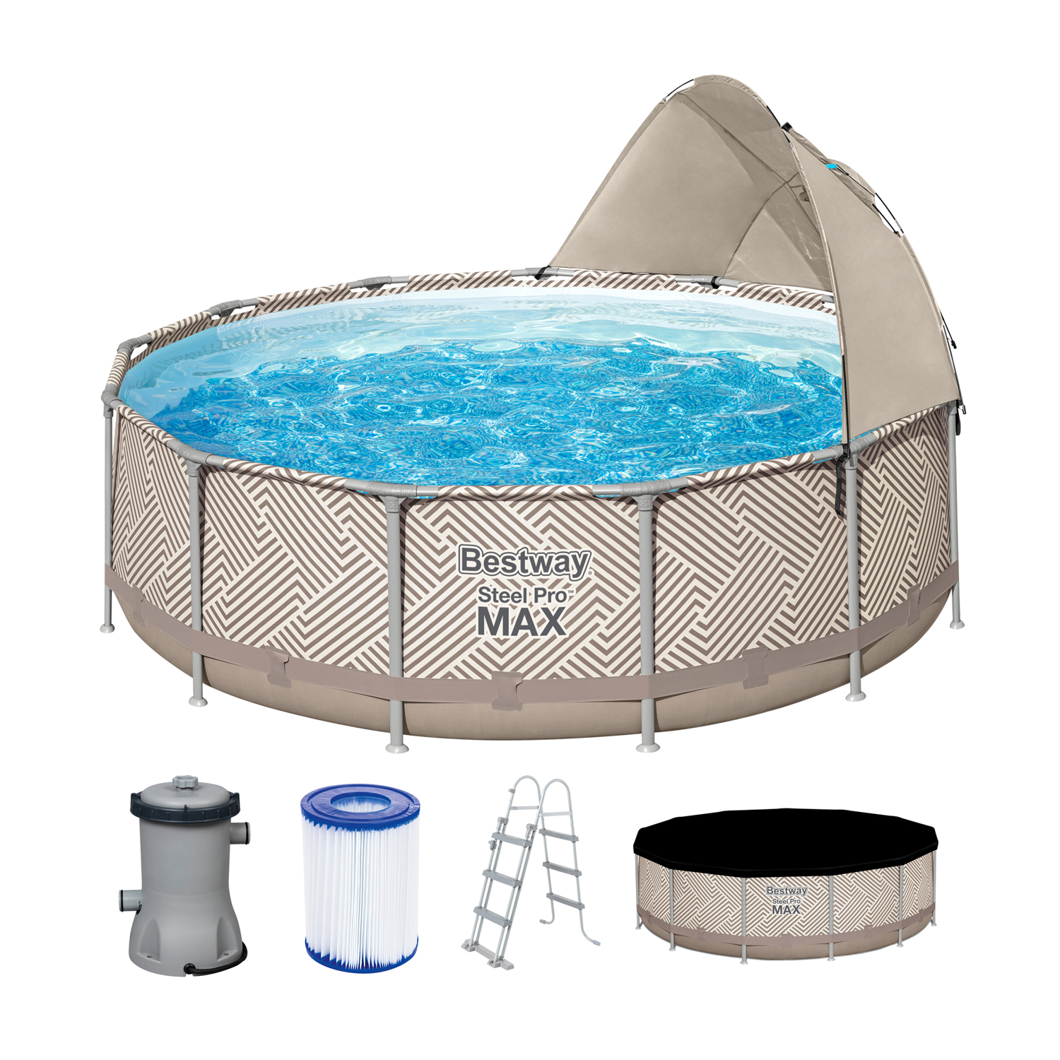 Steel Pro MAX™ Frame Pool Komplett-Set mit Filterpumpe Ø 396 x 107 cm, Op Art-Design, rund