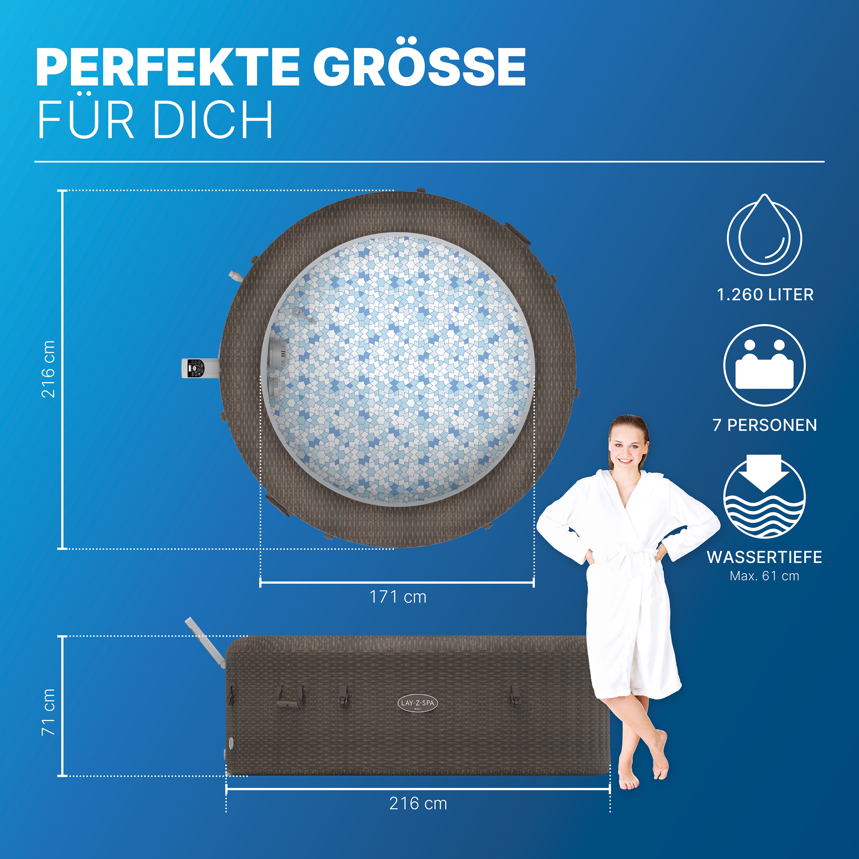 LAY-Z-SPA® Energiespar Whirlpool Bali AirJet™ mit App-Steuerung, für 7 Personen, Ø 216 x 71 cm, Rattan-Optik (Schokobraun)