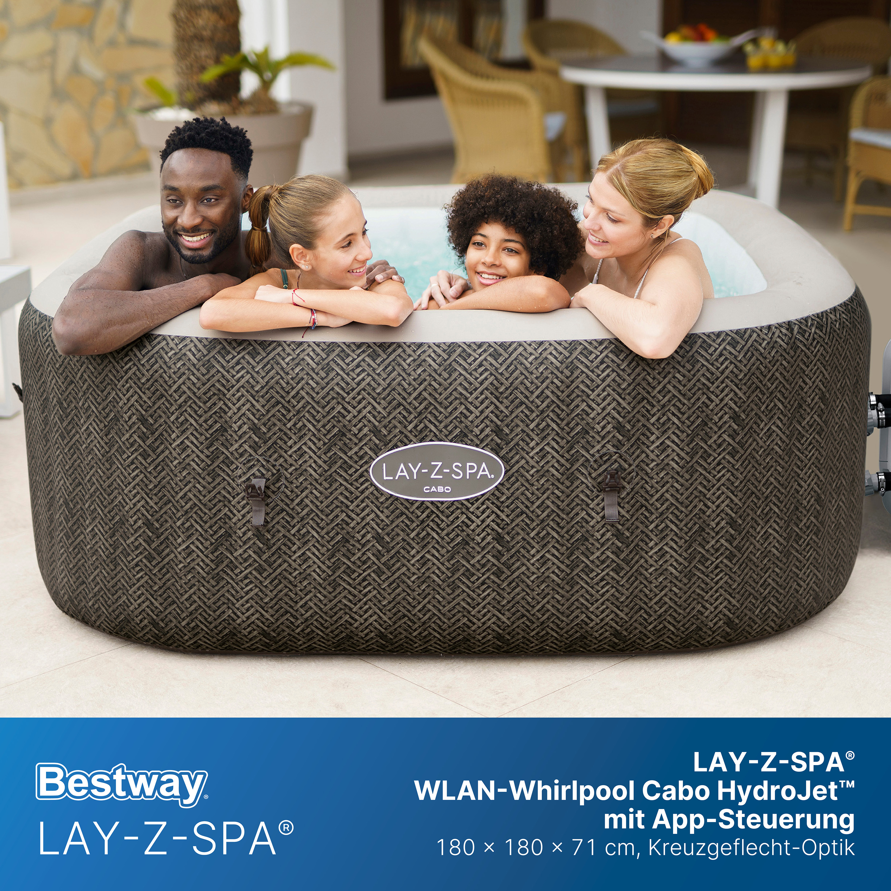 LAY-Z-SPA® Energiespar Whirlpool Cabo HydroJet™ mit App-Steuerung, für 6 Personen, 180 x 180 x 71 cm, Kreuzgeflecht-Optik (Eichengrau)