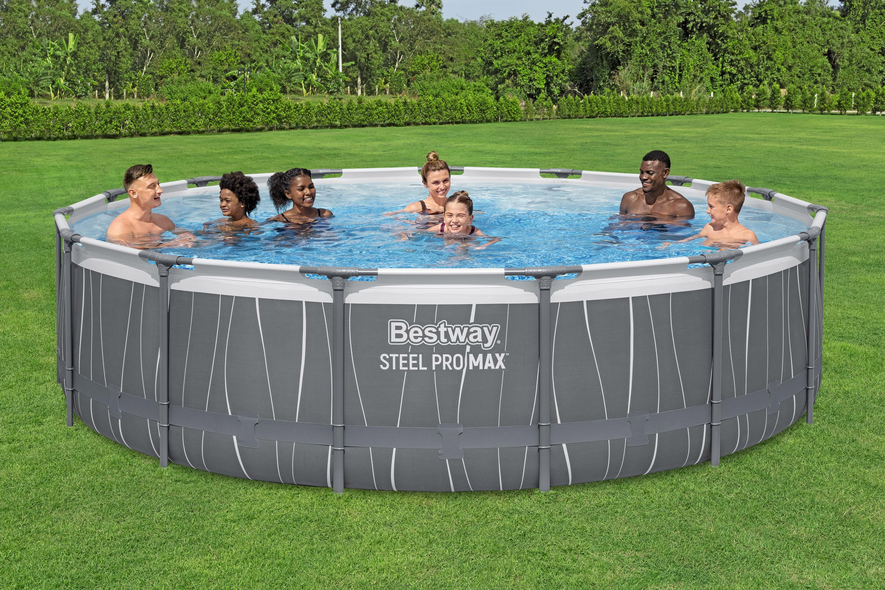 Steel Pro MAX™ Frame Pool Komplett Set mit Filterpumpe Ø 457 x 107 cm, LED-Design, rund