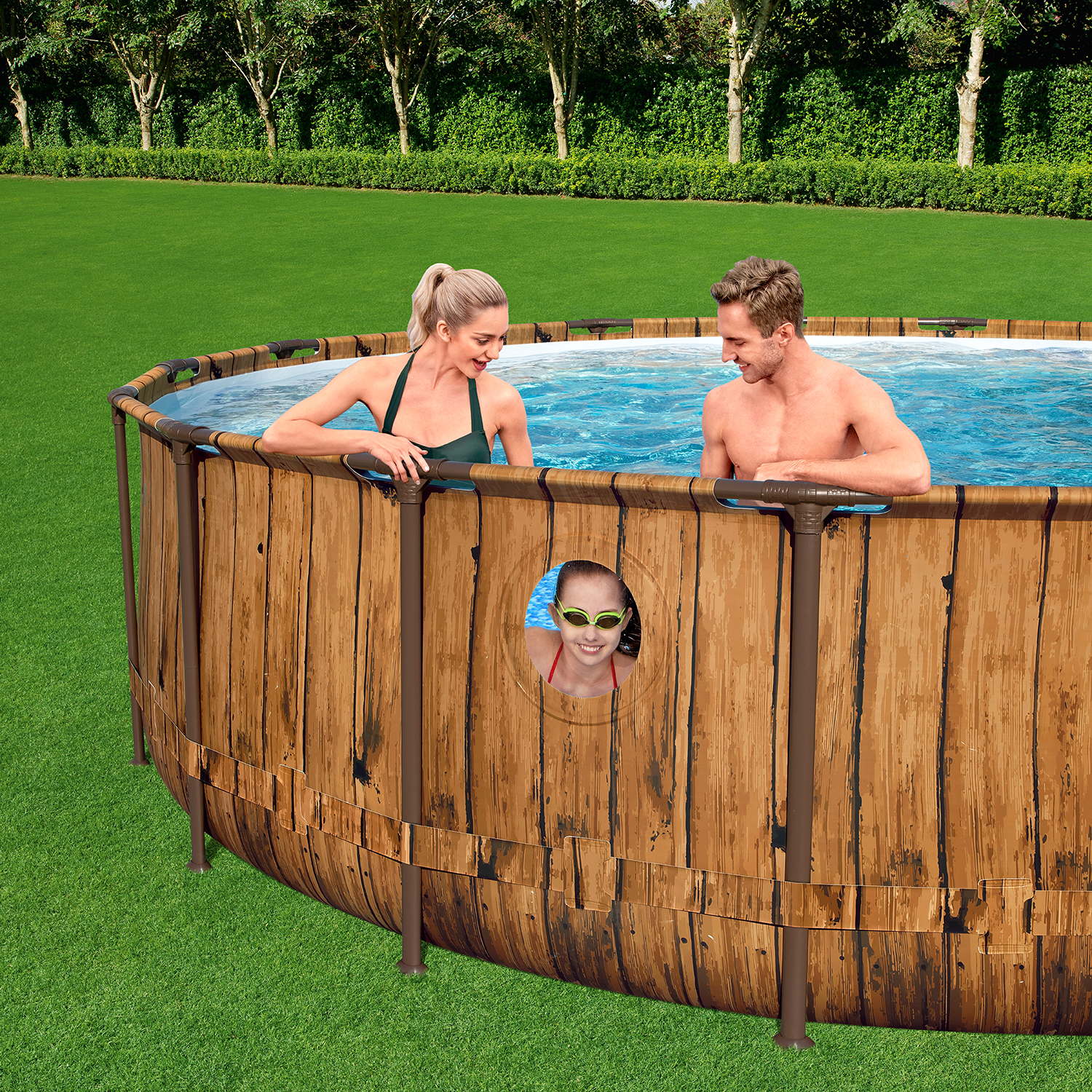 Power Steel™ Swim Vista Series™ Frame Pool Komplett Set mit Filterpumpe Ø 549 x 122 cm, Holz-Optik (Pinie), rund