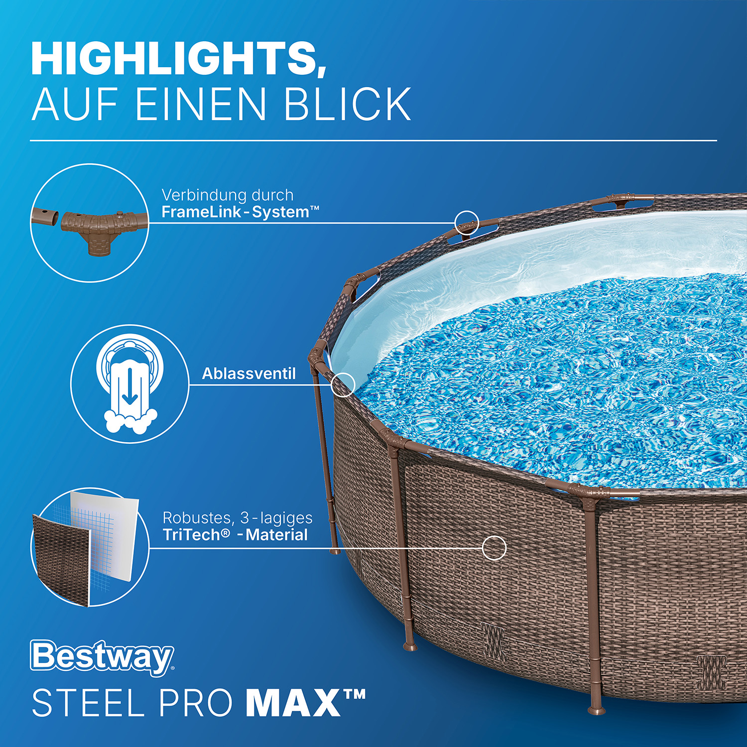 Steel Pro MAX™ Solo Pool ohne Pumpe Ø 366 x 100 cm, Rattan-Optik (Schokobraun), rund