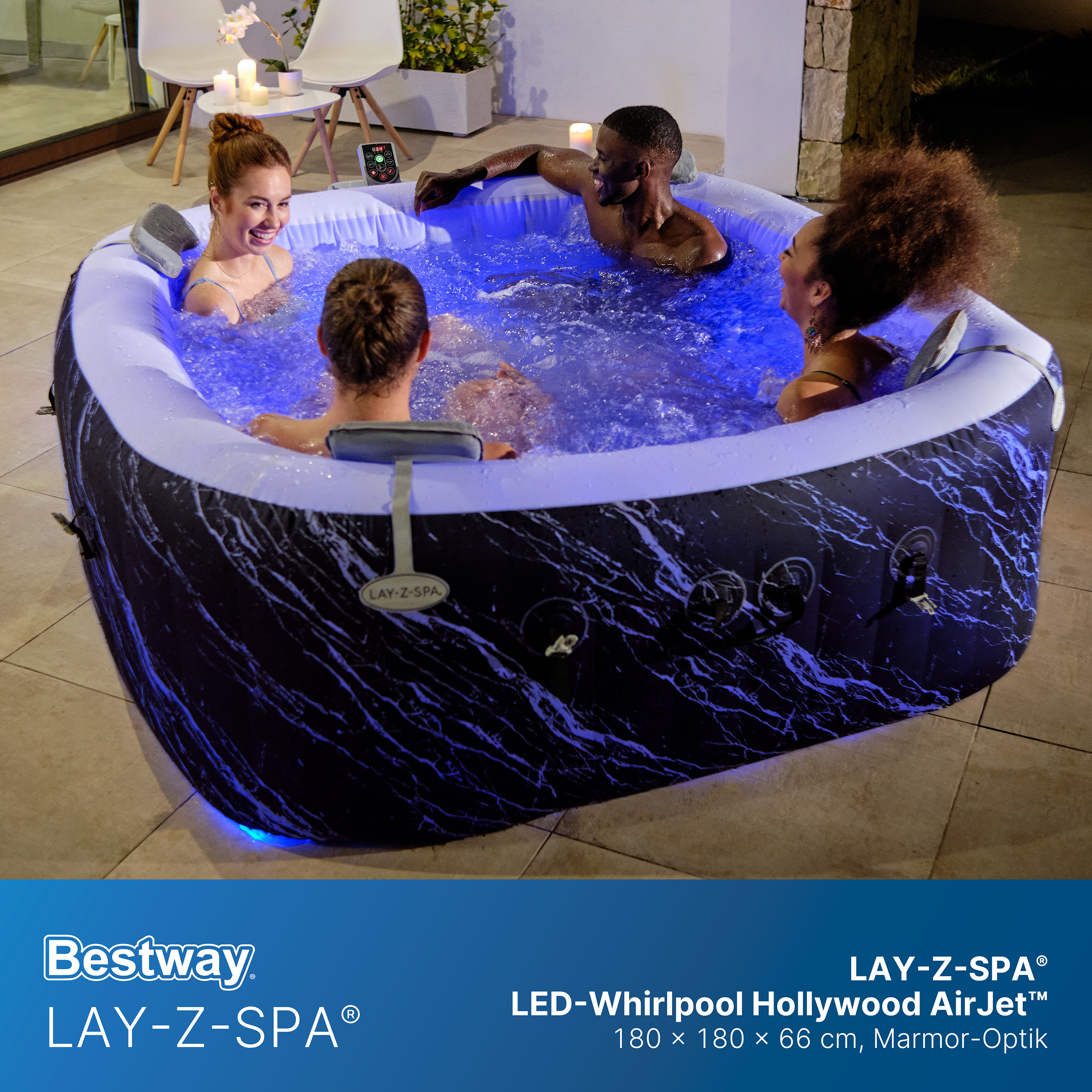 LAY-Z-SPA® LED Whirlpool Hollywood AirJet™ für 6 Personen 180 x 180 x 66 cm, Marmor-Optik (Marquinia)