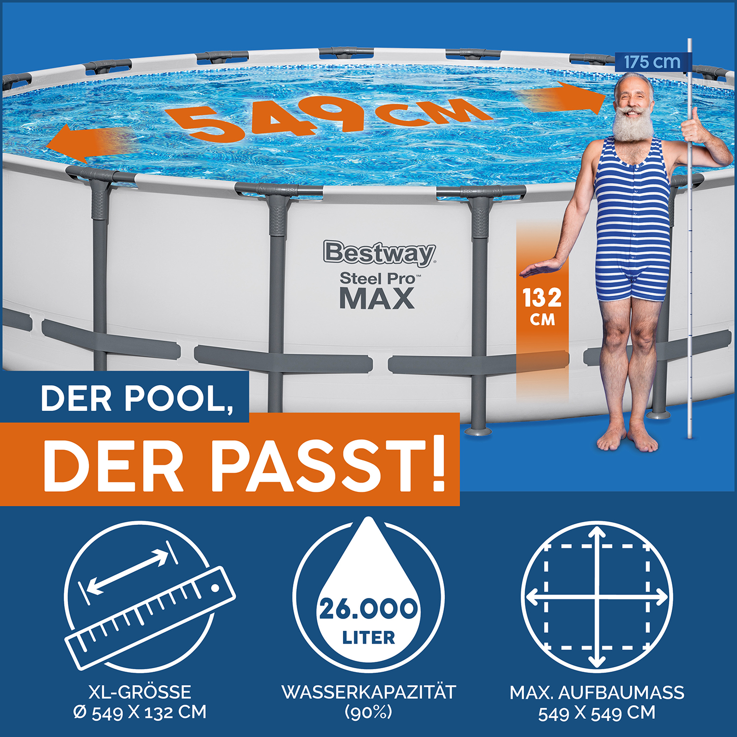 Steel Pro MAX™ Frame Pool Komplett-Set mit Filterpumpe Ø 549 x 132 cm, lichtgrau, rund Steel Pro MAX™ Frame Pool Komplett-Set mit Filterpumpe Ø 549 x 132 cm, lichtgrau, rund