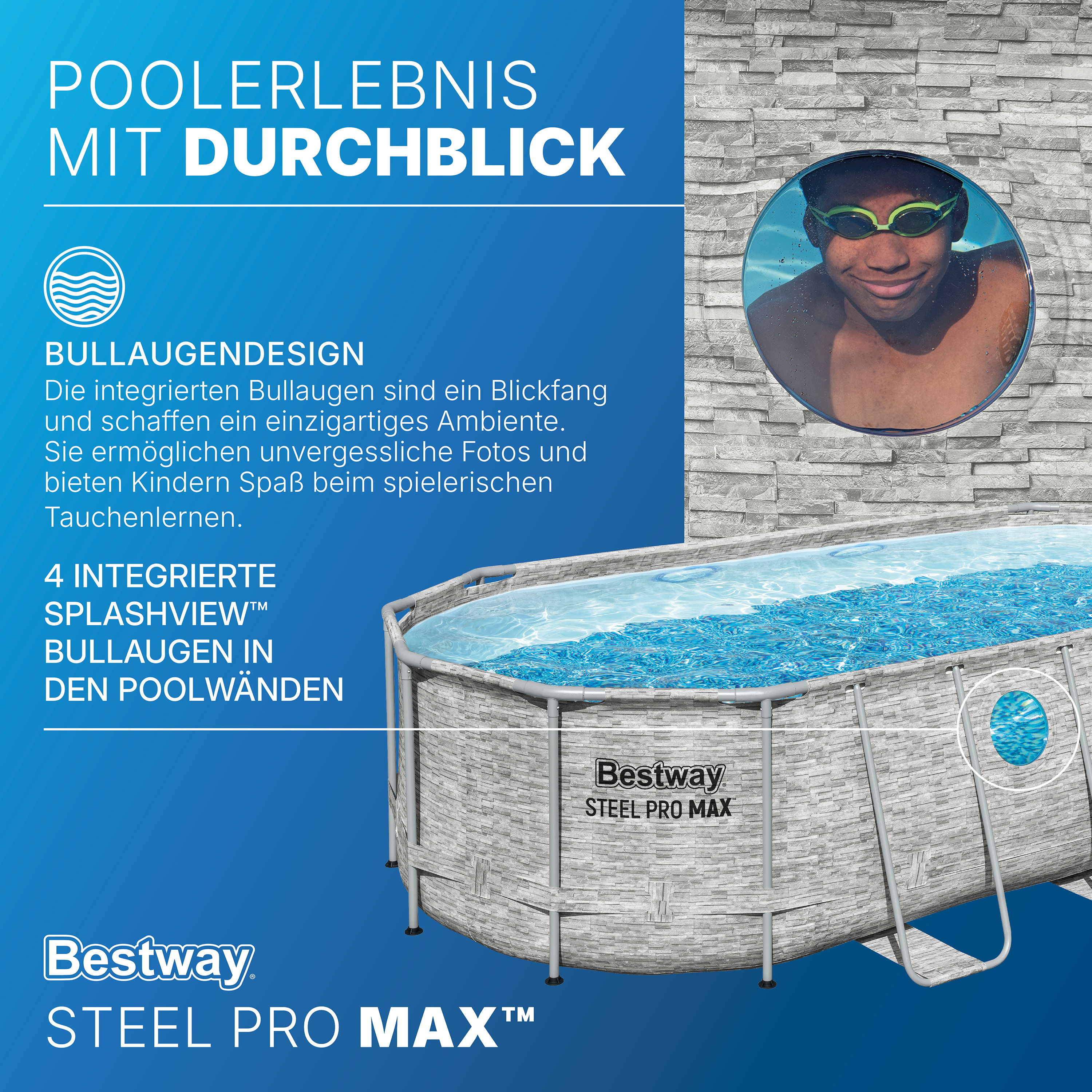 Steel Pro MAX™ Splashview™ Solo Pool ohne Zubehör 549 x 274 x 122 cm, Steinwand-Optik (Cremegrau), oval