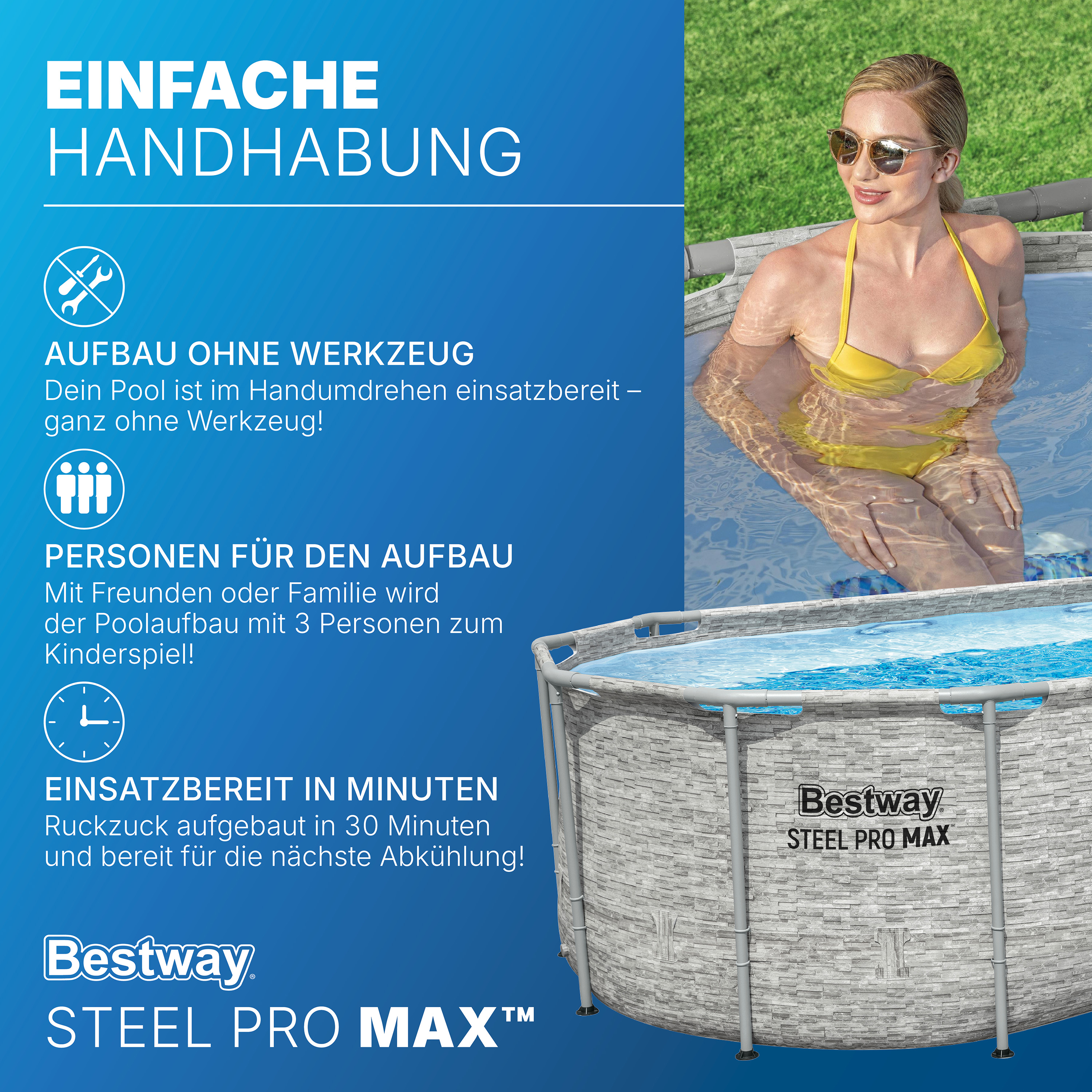 Steel Pro MAX™ Splashview™ Frame Pool Komplett Set mit Filterpumpe 549 x 274 x 122 cm, Steinwand-Optik (Cremegrau), oval