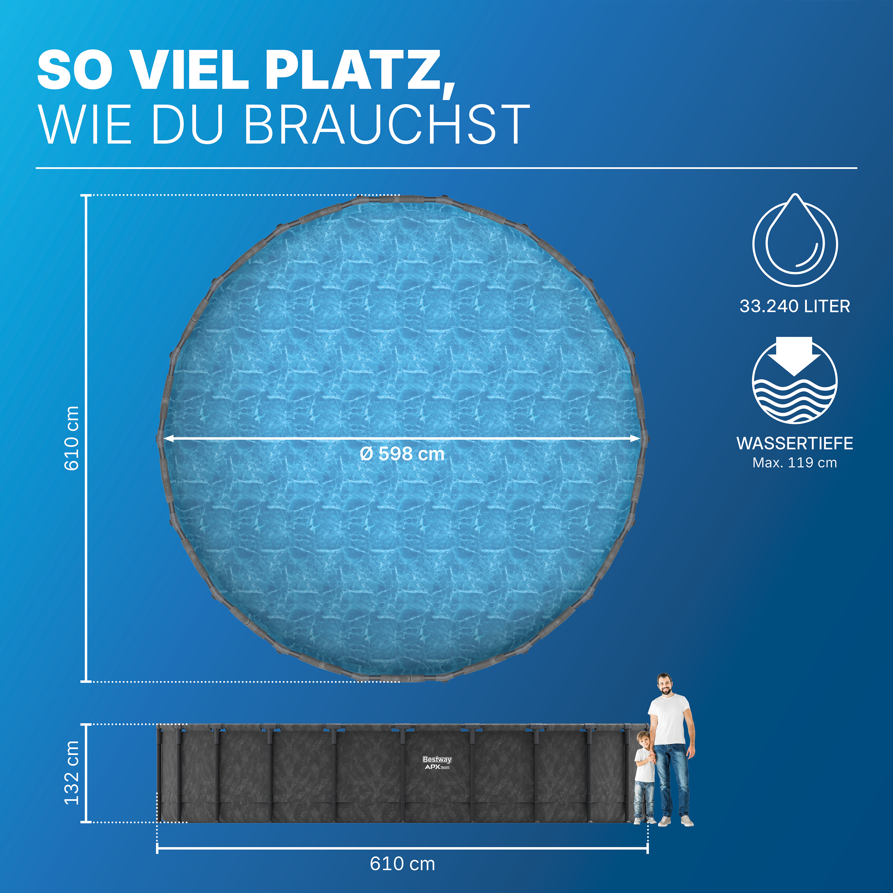 APX365™ Winterfestes Frame Pool Komplett Set mit Sandfilteranlage Ø 610 x 132 cm, Marmor-Optik (Dunkel), rund