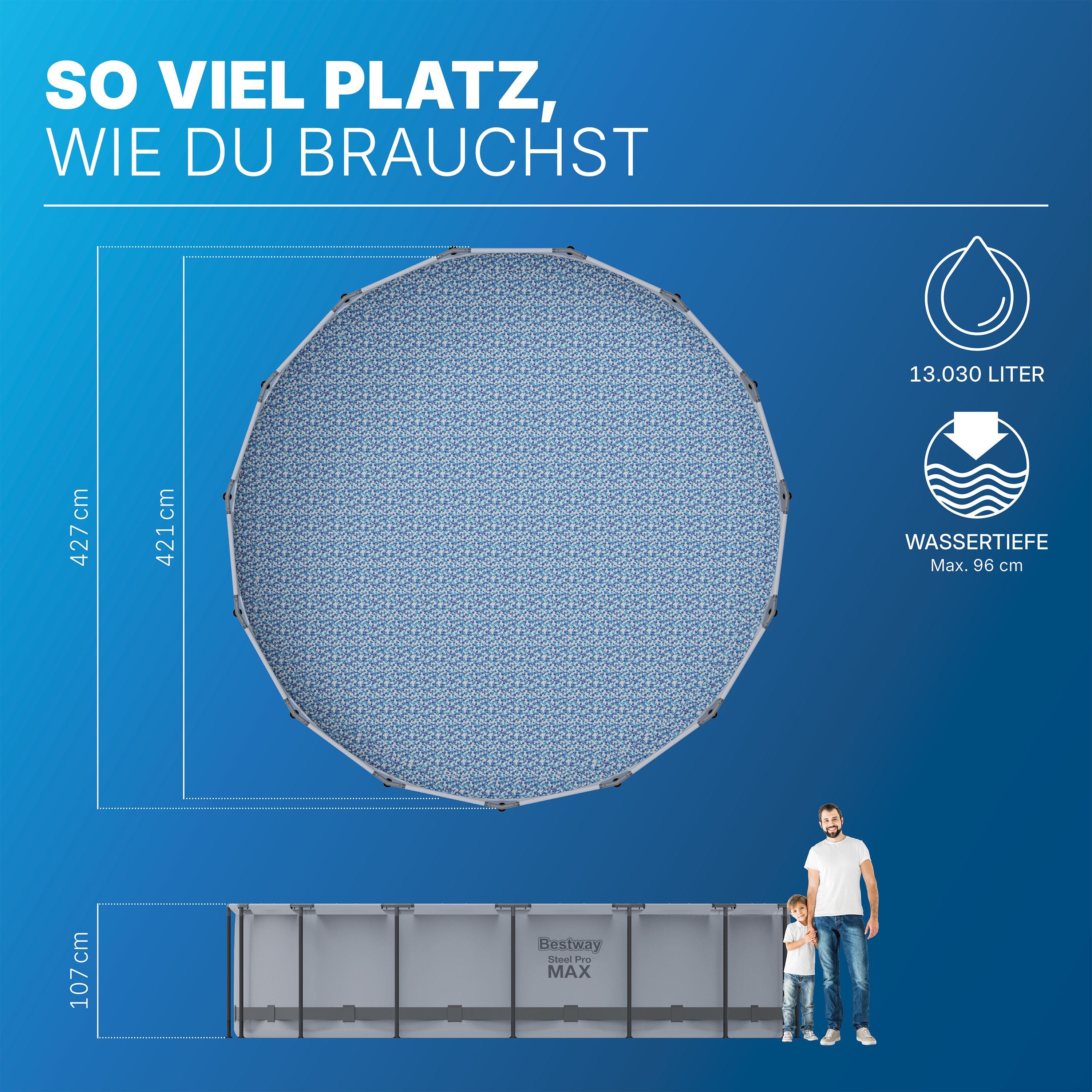 Steel Pro MAX™ Frame Pool Komplett Set mit Filterpumpe Ø 427 x 107 cm, lichtgrau, rund