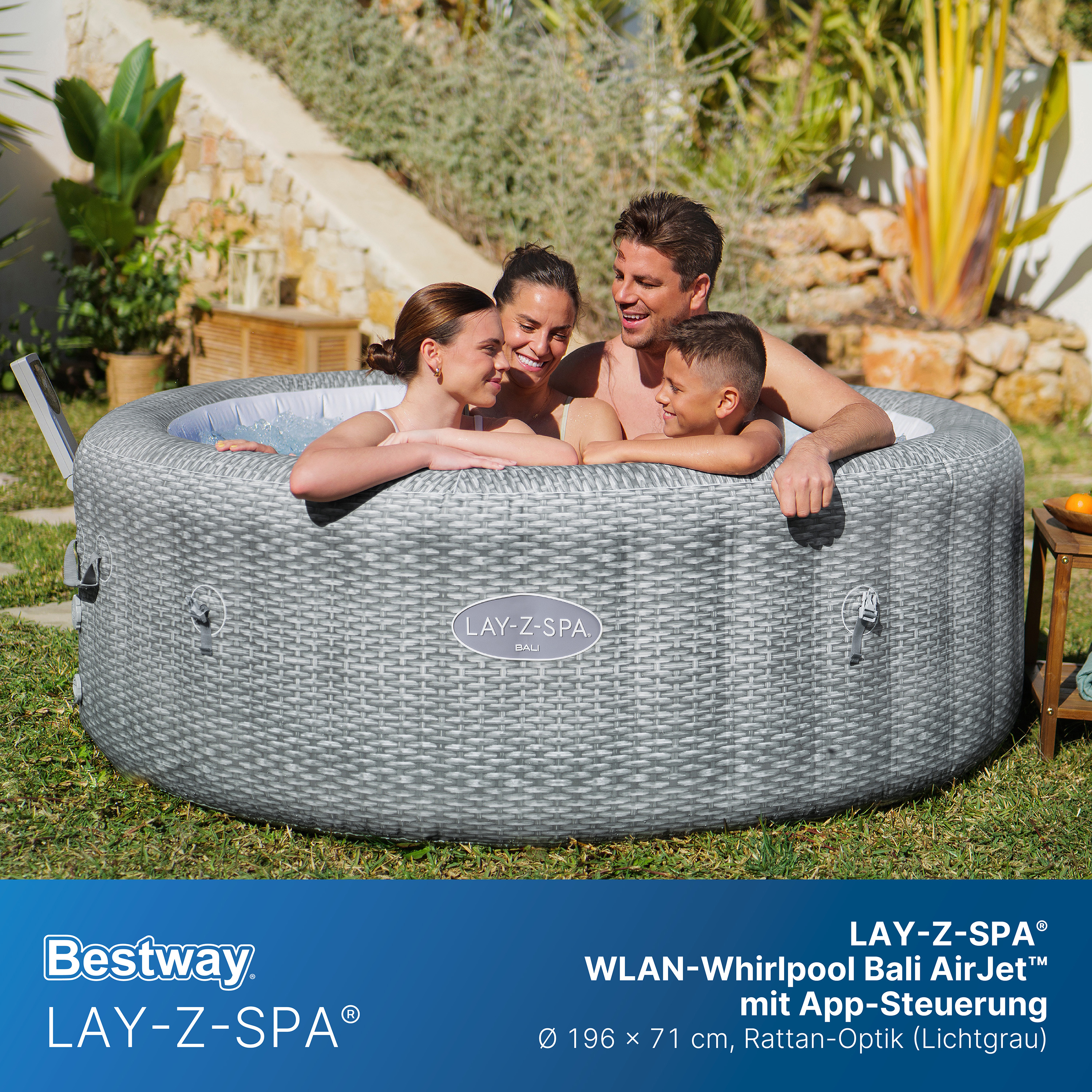 LAY-Z-SPA® Energiespar Whirlpool Bali AirJet™ mit App-Steuerung, Ø 196 x 71 cm, für 6 Personen, Rattan-Optik (Lichtgrau)