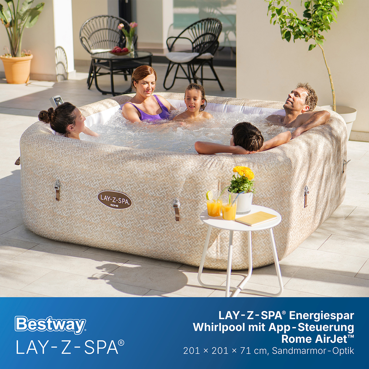 LAY-Z-SPA® Energiespar Whirlpool Rome AirJet™ mit App-Steuerung, für 7 Pers. 201 x 201 x 71 cm, Sandmarmor-Optik