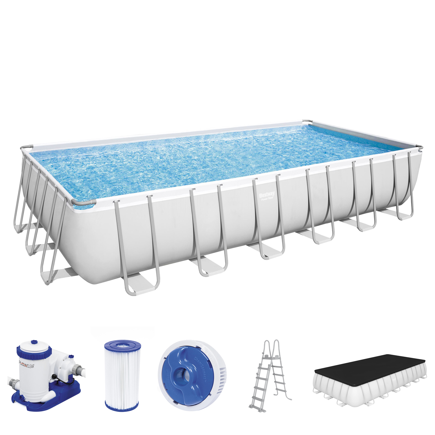 Power Steel™ Frame Pool Komplett-Set mit Filterpumpe 732 x 366 x 132 cm , lichtgrau, eckig