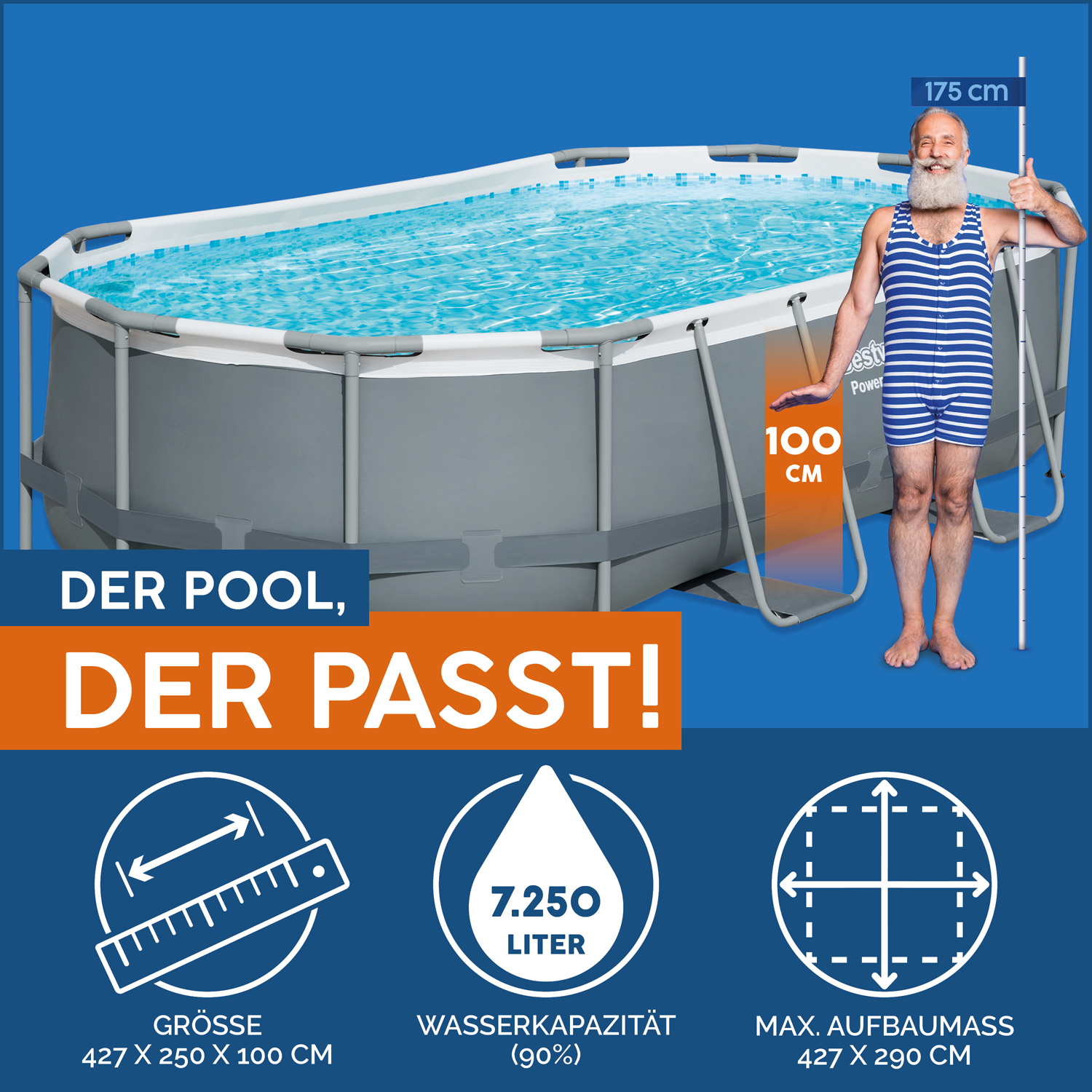 Power Steel™ Frame Pool Set mit Filterpumpe 427 x 250 x 100 cm , grau, oval