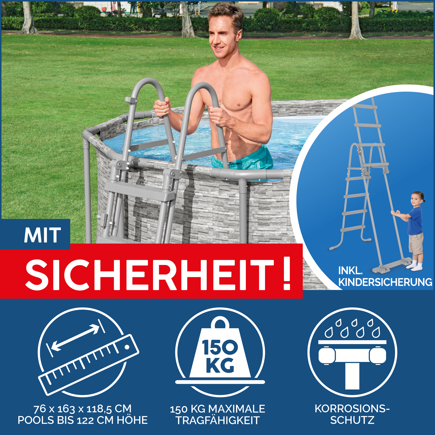 Steel Pro MAX™ Frame Pool Komplett-Set mit Filterpumpe Ø 427 x 122 cm, Steinwand-Optik (Cremegrau), rund