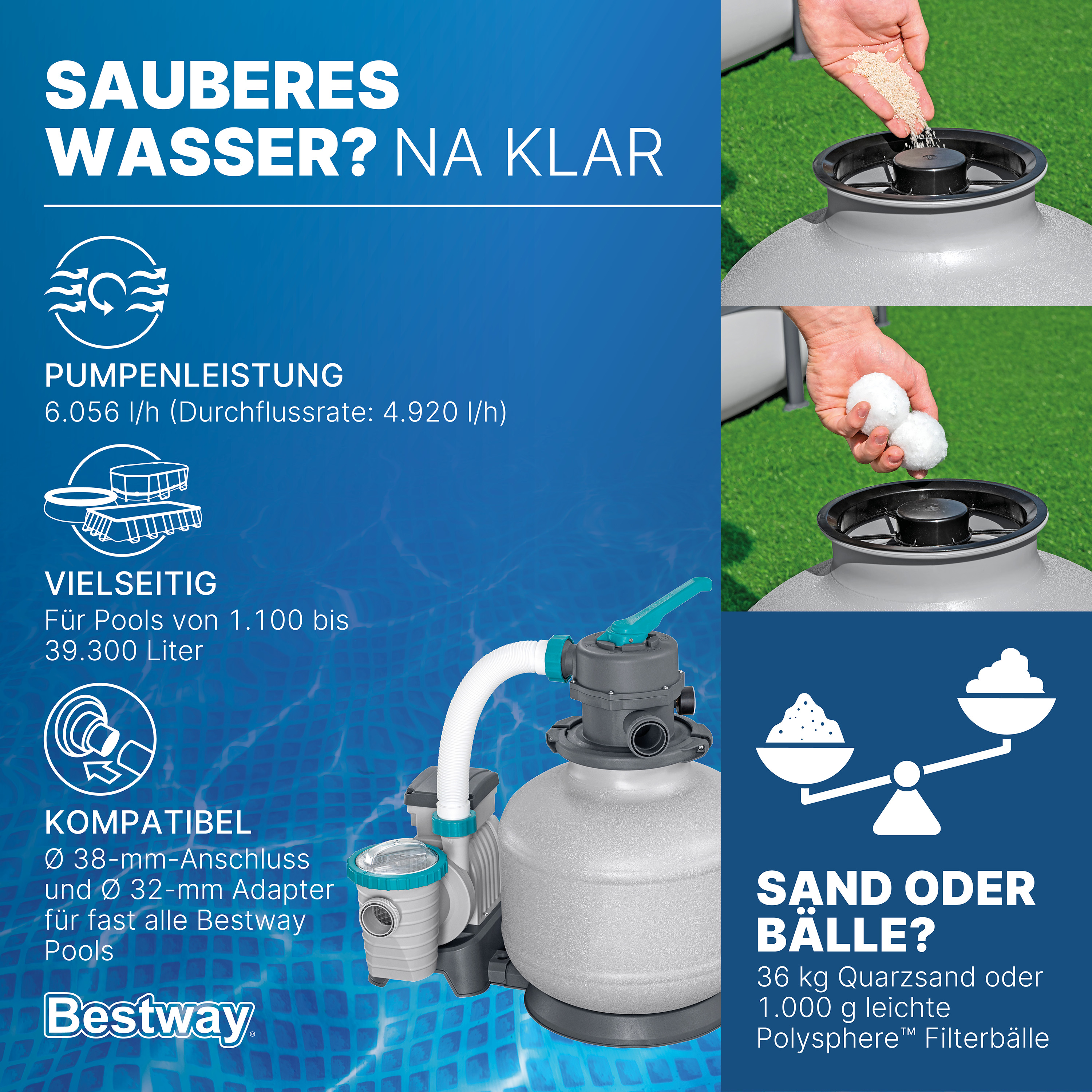 Sandfilteranlage mit Zeitschaltuhr 6.056 l/h, 230 W