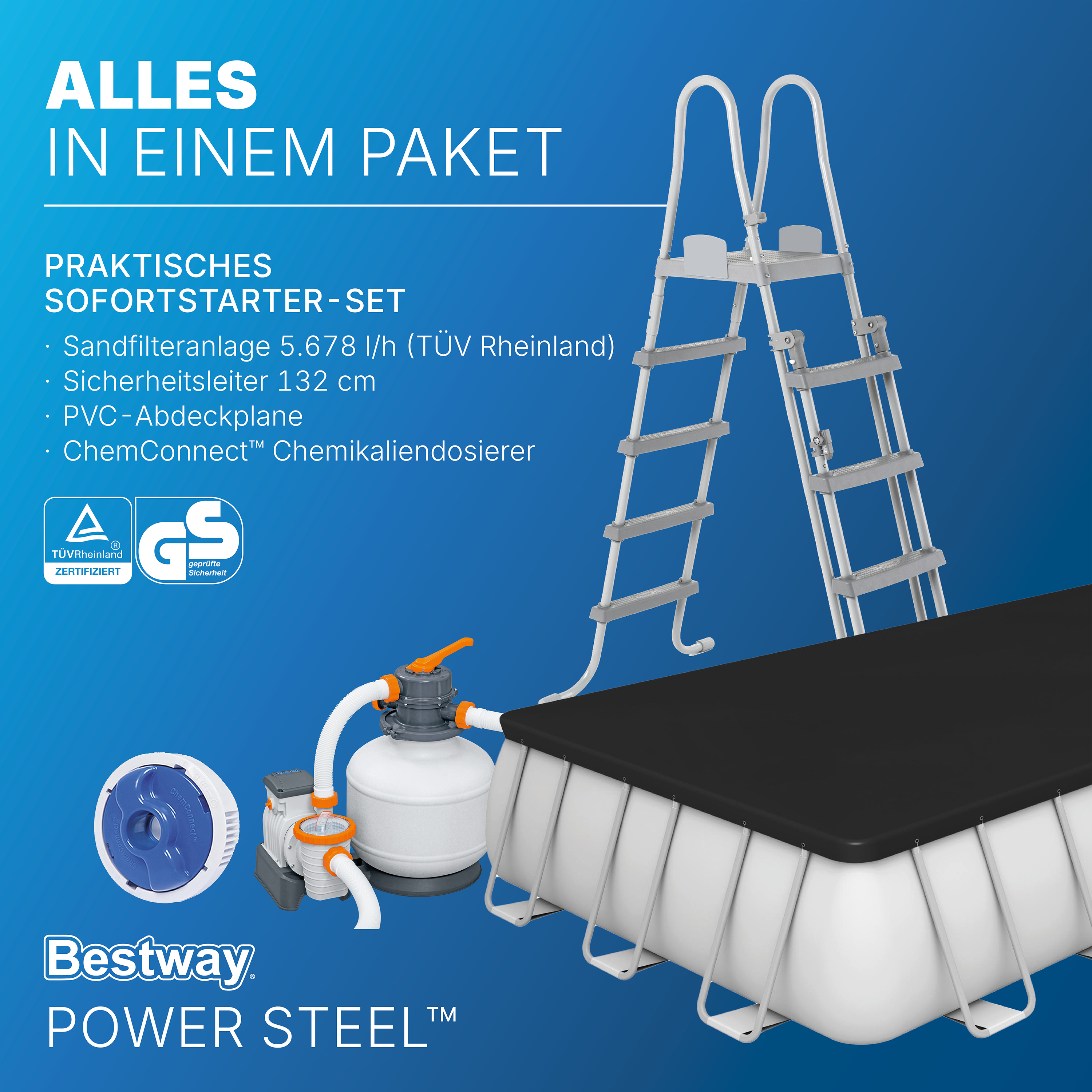 Power Steel™ Frame Pool Komplett-Set mit Sandfilteranlage 732 x 366 x 132 cm, lichtgrau, eckig