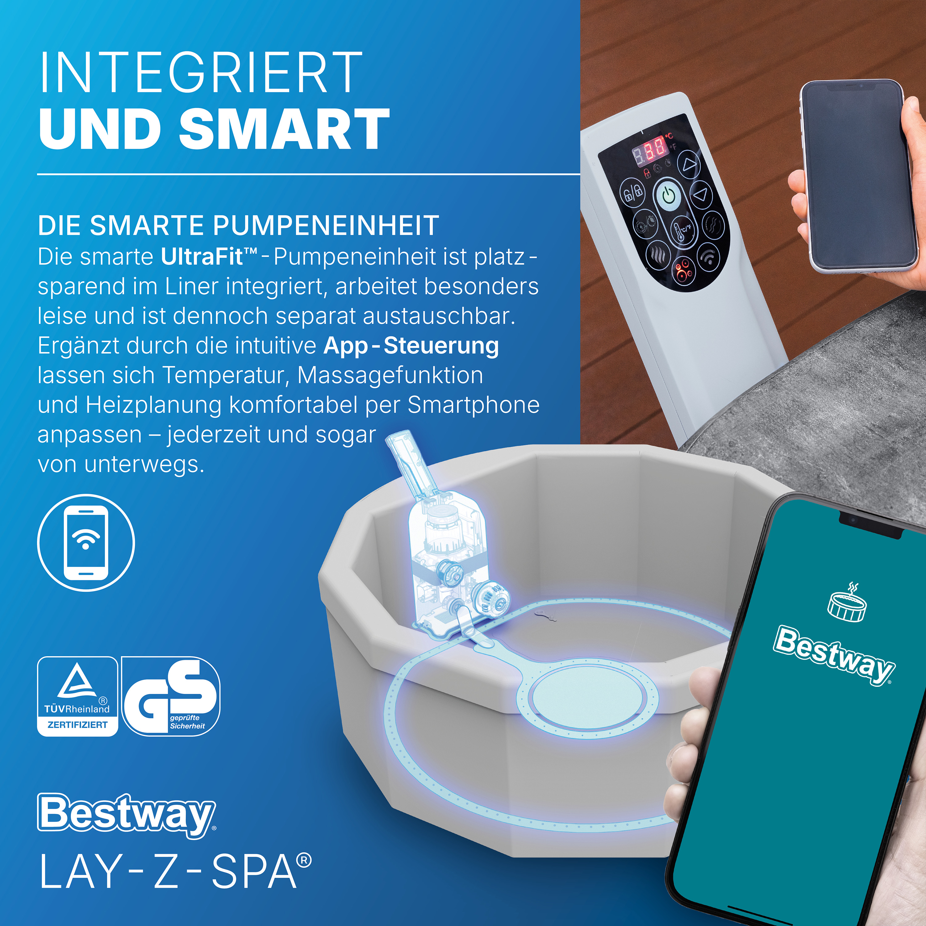LAY-Z-SPA® WLAN-Whirlpool Carrara AirJet™ mit App-Steuerung, für 6 Personen, Ø 170 x 65 cm, Alabaster-Optik