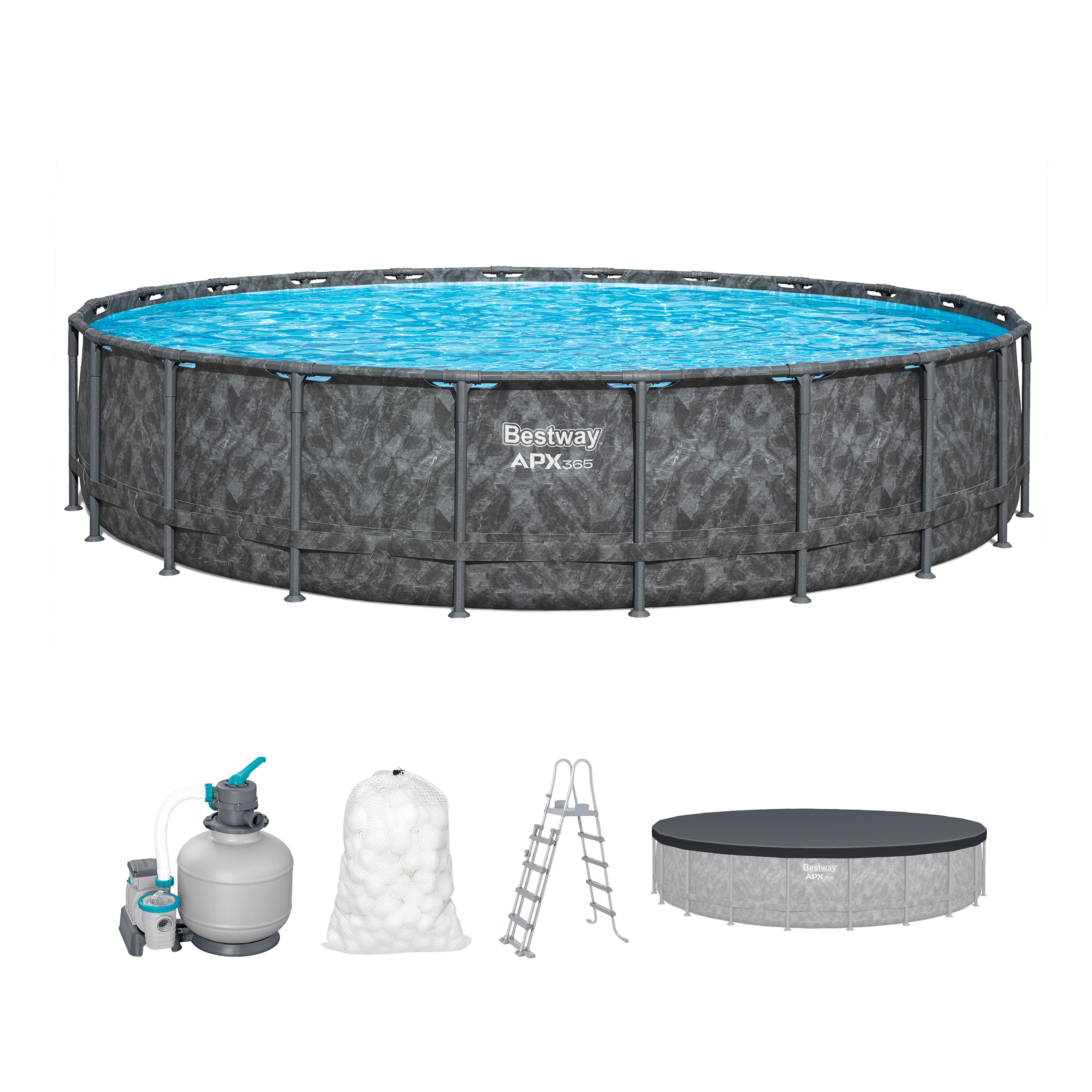 APX365™ Winterfestes Frame Pool Komplett-Set mit Sandfilteranlage Ø 671 x 132 cm, Marmor-Optik (Dunkel), rund