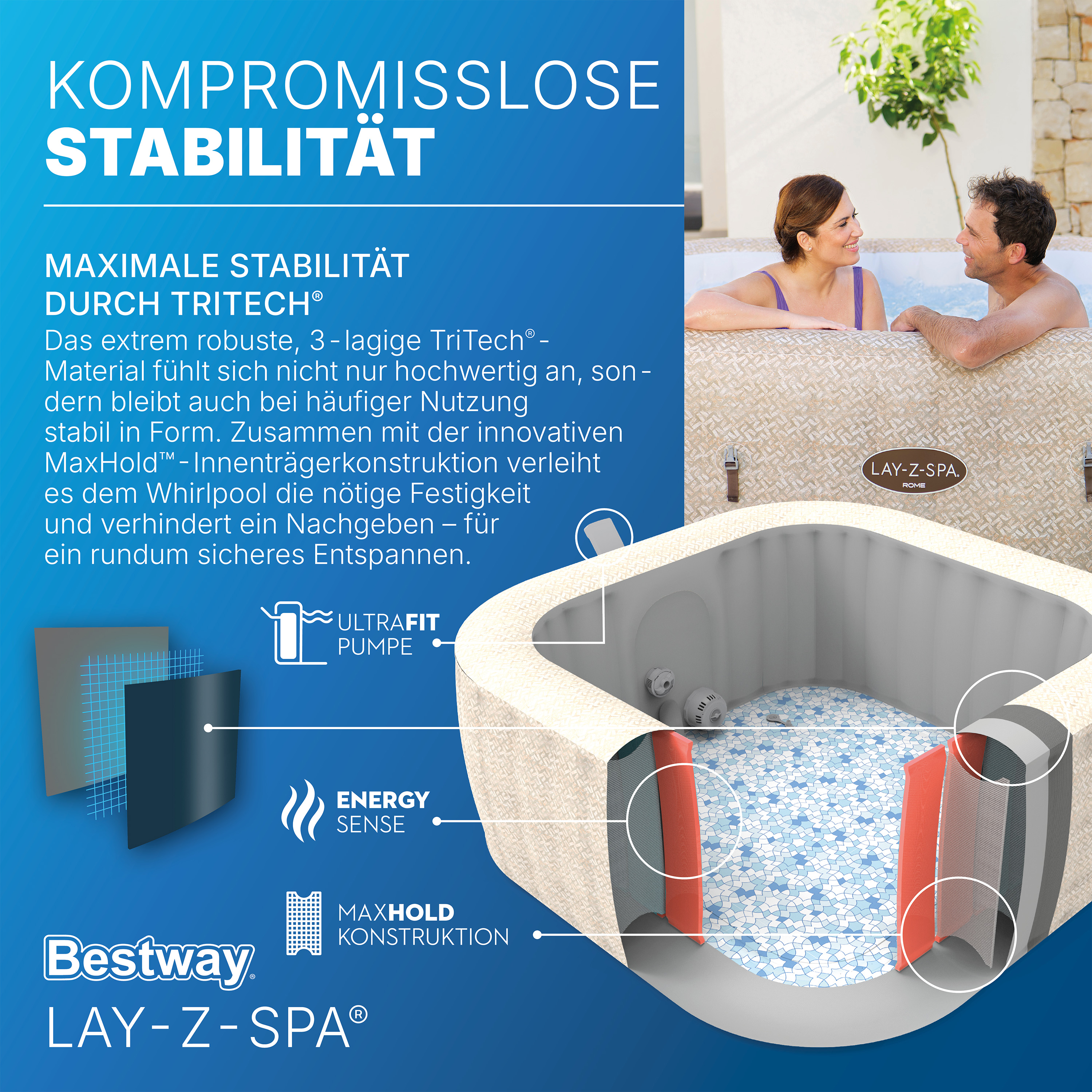 LAY-Z-SPA® WLAN-Whirlpool Rome AirJet™ mit App-Steuerung, für 7 Pers. 201 x 201 x 71 cm, Sandmarmor-Optik