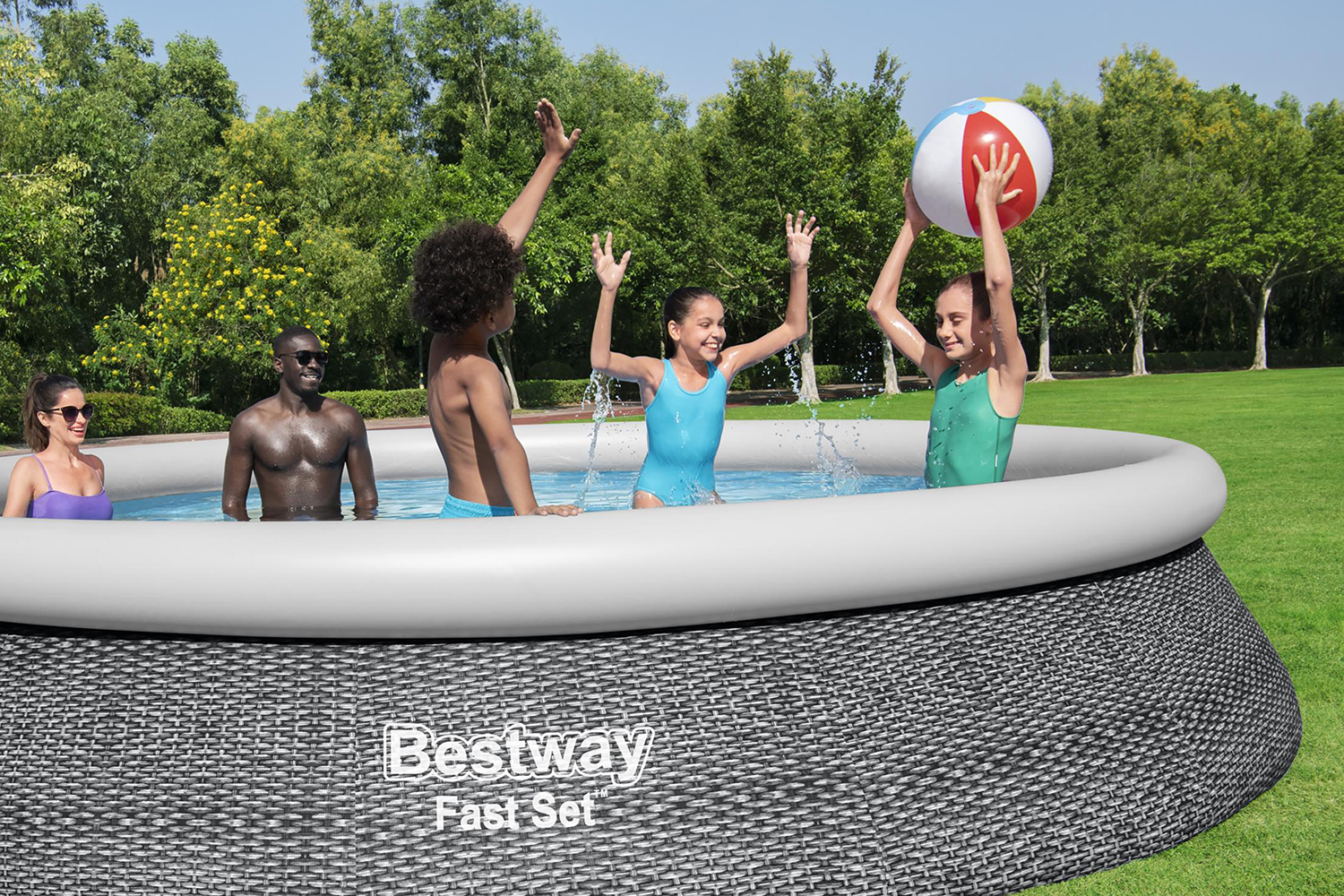 Fast Set™ Aufstellpool-Set mit Filterpumpe Ø 396 x 84 cm, Rattan-Optik (Schiefergrau), rund Fast Set™ Aufstellpool-Set mit Filterpumpe Ø 396 x 84 cm, Rattan-Optik (Schiefergrau), rund