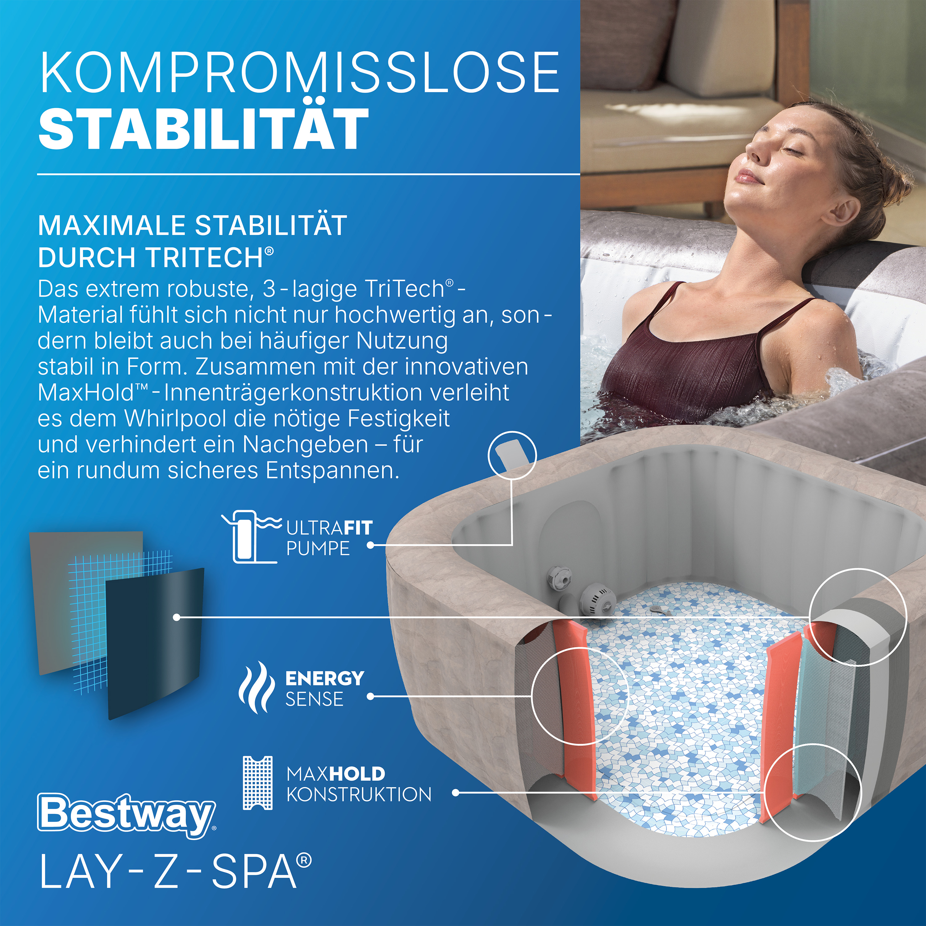 LAY-Z-SPA® WLAN-Whirlpool Rome AirJet™ mit App-Steuerung, für 6 Personen, 180 x 180 x 71 cm, Marmor-Optik (Braun)