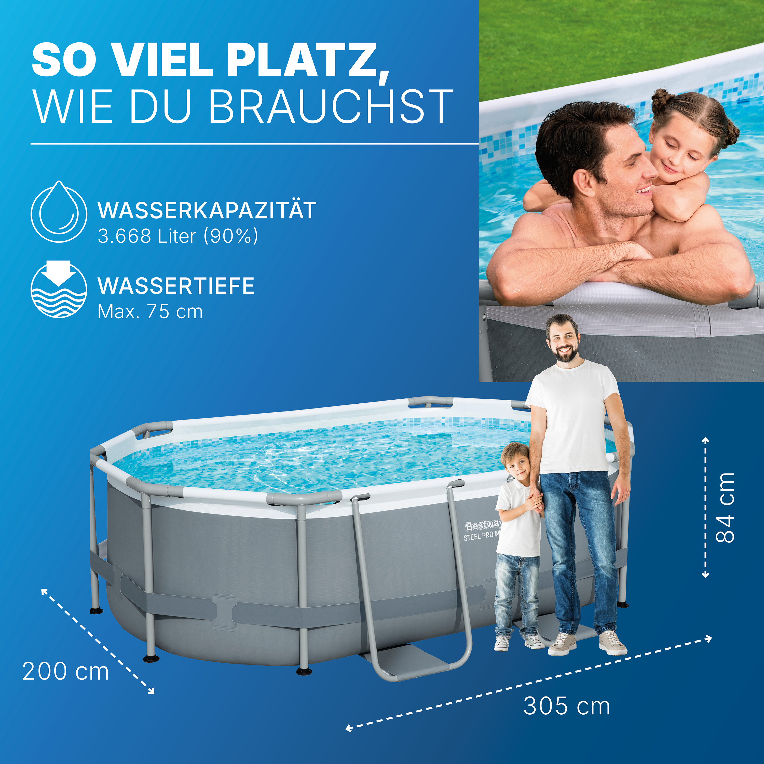 Steel Pro MAX™ Solo Pool ohne Zubehör 305 x 200 x 84 cm, grau, oval