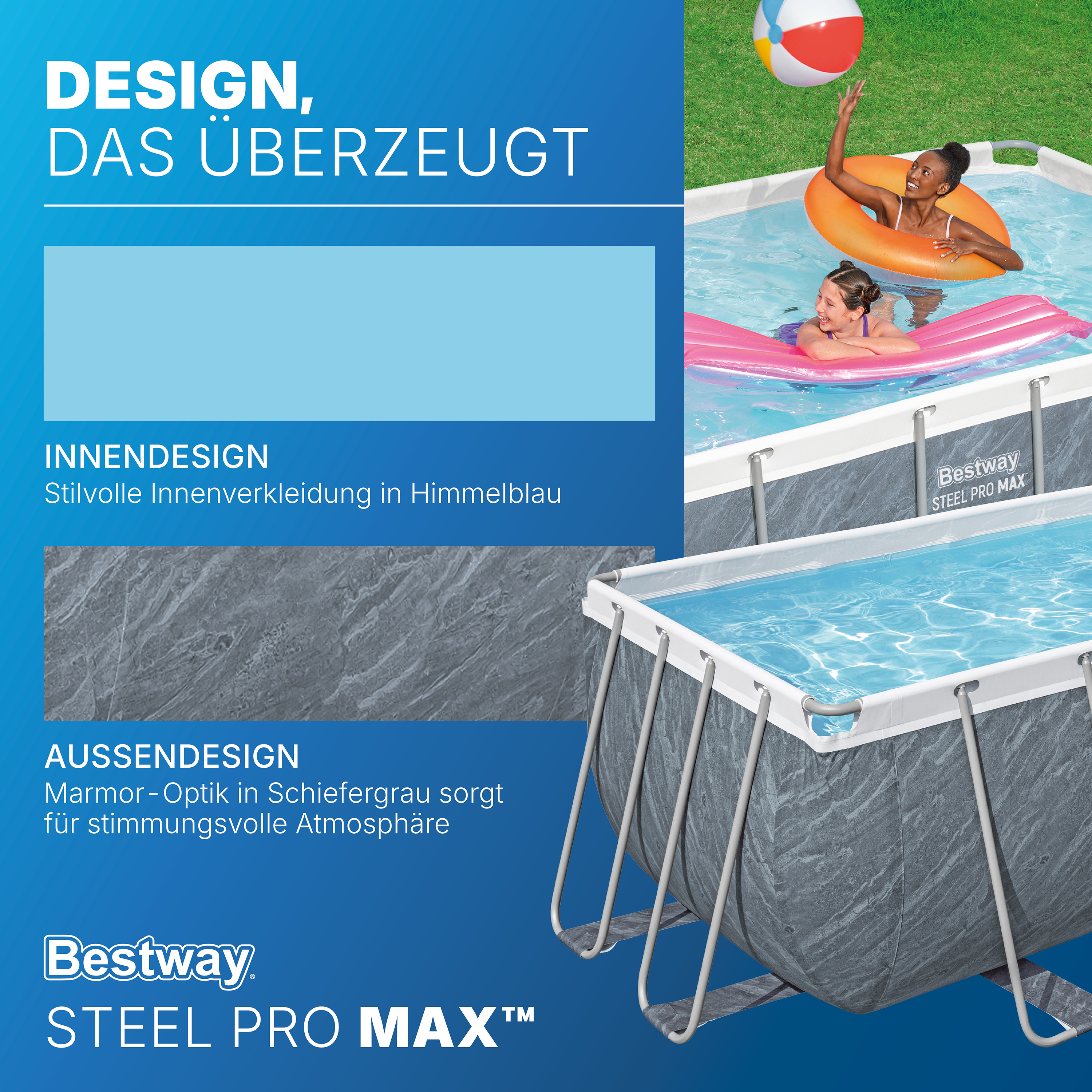 Steel Pro MAX™ Solo Pool ohne Zubehör 412 x 201 x 122 cm, Marmor-Optik (Schiefergrau), eckig
