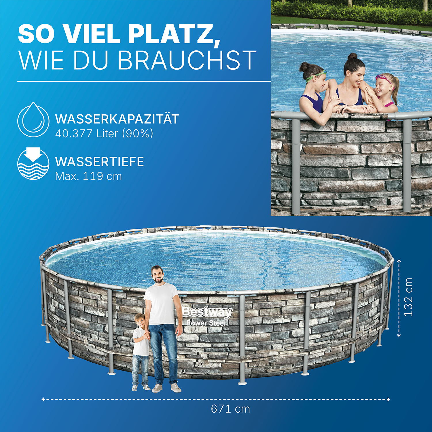 Power Steel™ Frame Pool Komplett Set mit Filterpumpe Ø 671 x 132 cm Steinwand-Optik (Naturstein), rund
