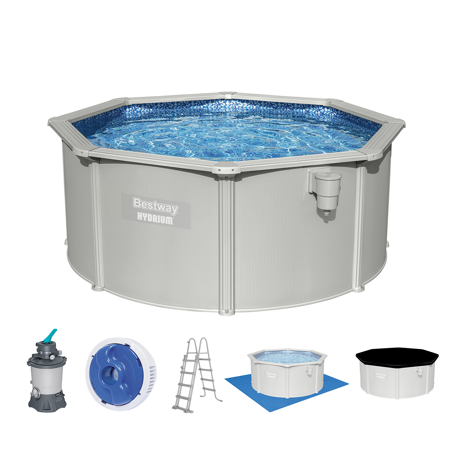 Hydrium™ Stahlwandpool Komplett-Set mit Sandfilteranlage Ø 300 x 120 cm, granitgrau, rund