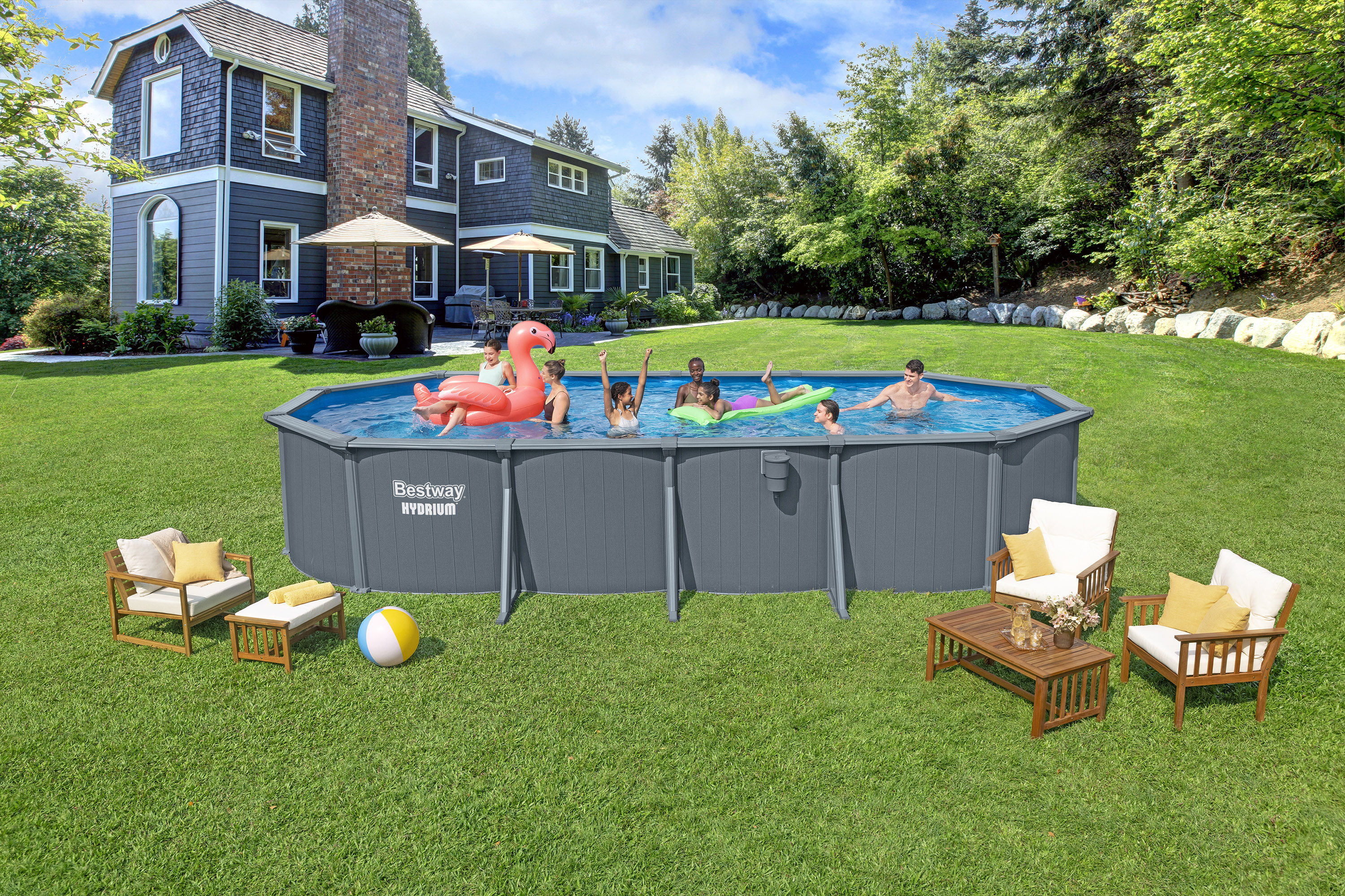 Hydrium™ Stahlwandpool Komplett Set mit Sandfilteranlage 732 x 366 x 132 cm, Holz Optik (Grau), oval