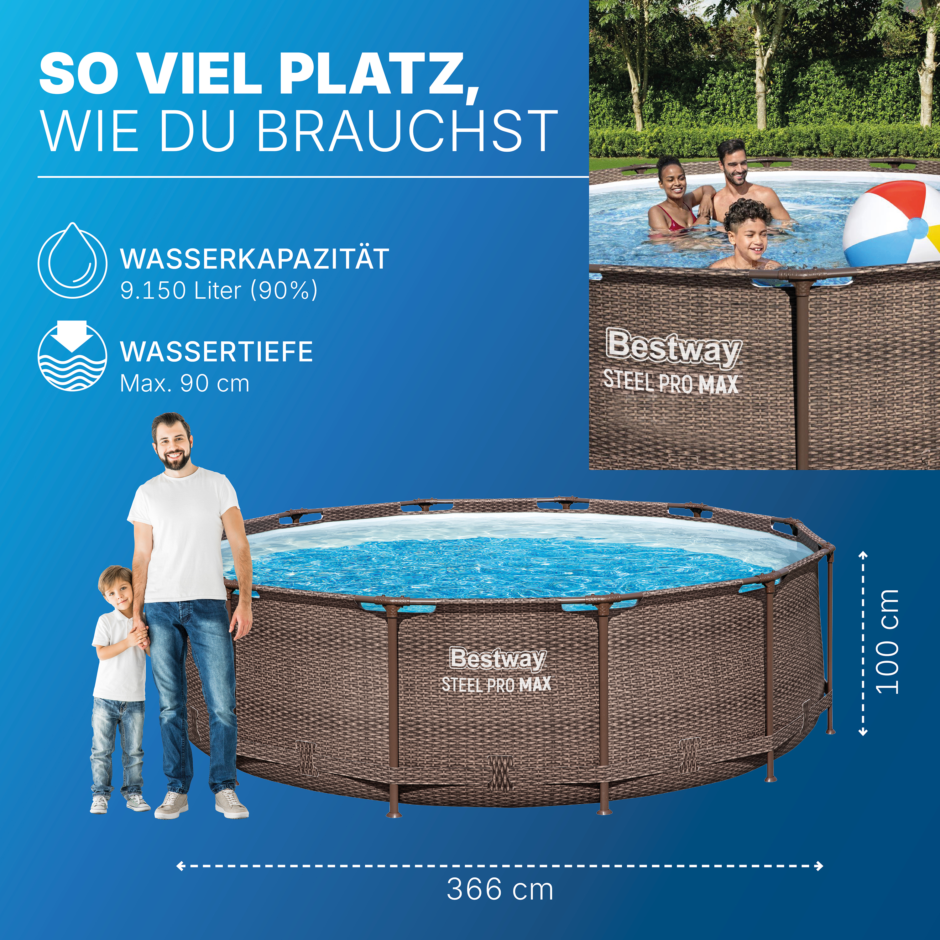 Steel Pro MAX™ Solo Pool ohne Zubehör Ø 366 x 100 cm, Rattan-Optik (Schokobraun), rund