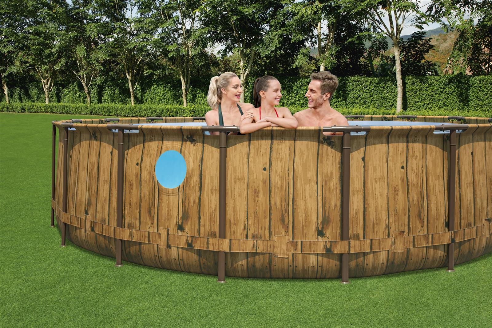 Power Steel™ Swim Vista Series™ Frame Pool Komplett-Set mit Filterpumpe Ø 549 x 122 cm, Holz-Optik (Pinie), rund