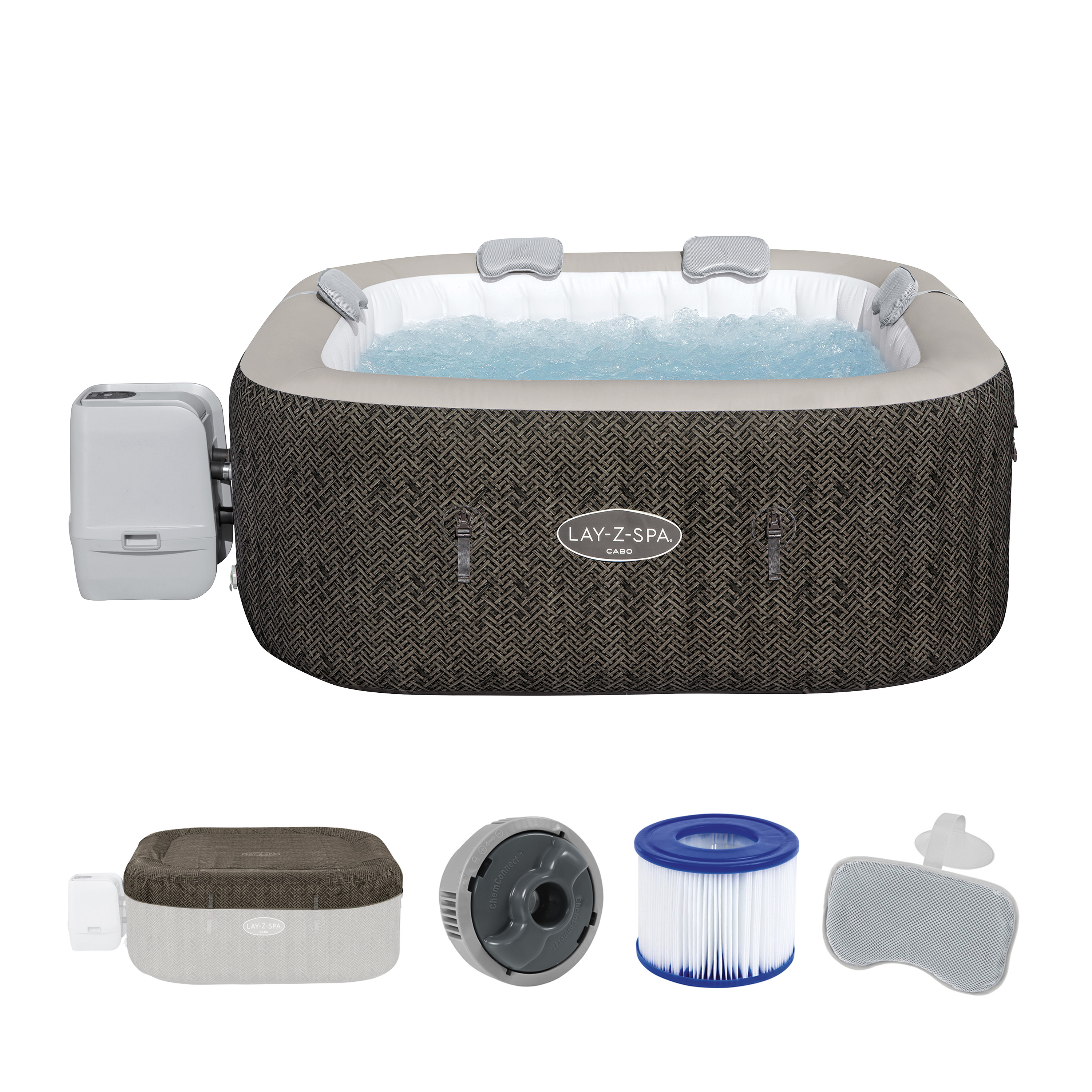 LAY-Z-SPA® WLAN-Whirlpool Cabo HydroJet™ mit App-Steuerung, für 6 Personen, 180 x 180 x 71 cm, Kreuzgeflecht-Optik (Eichengrau)