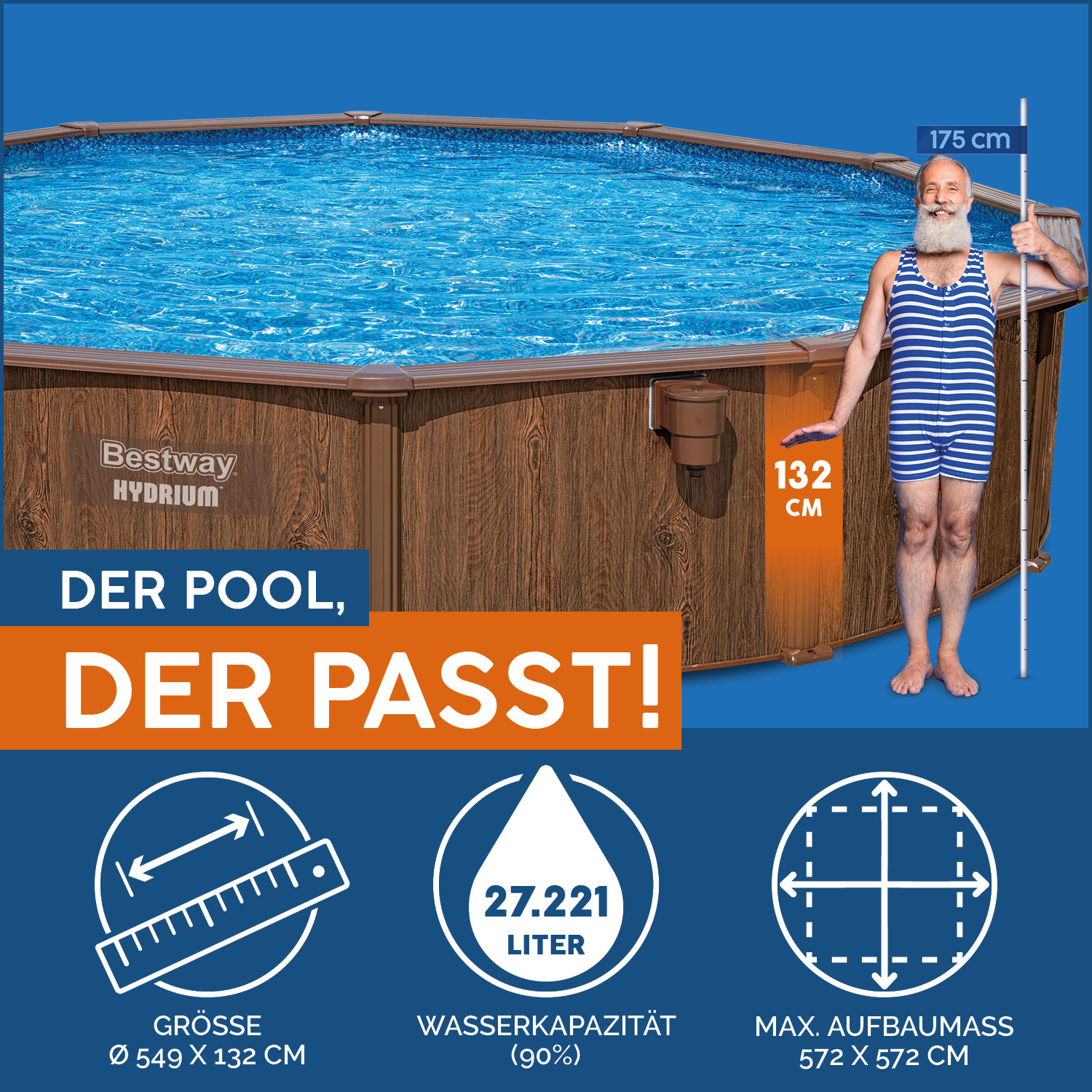 Hydrium™ Stahlwandpool Komplett-Set mit Sandfilteranlage Ø 550 x 130 cm, Holz-Optik (Palisander), rund