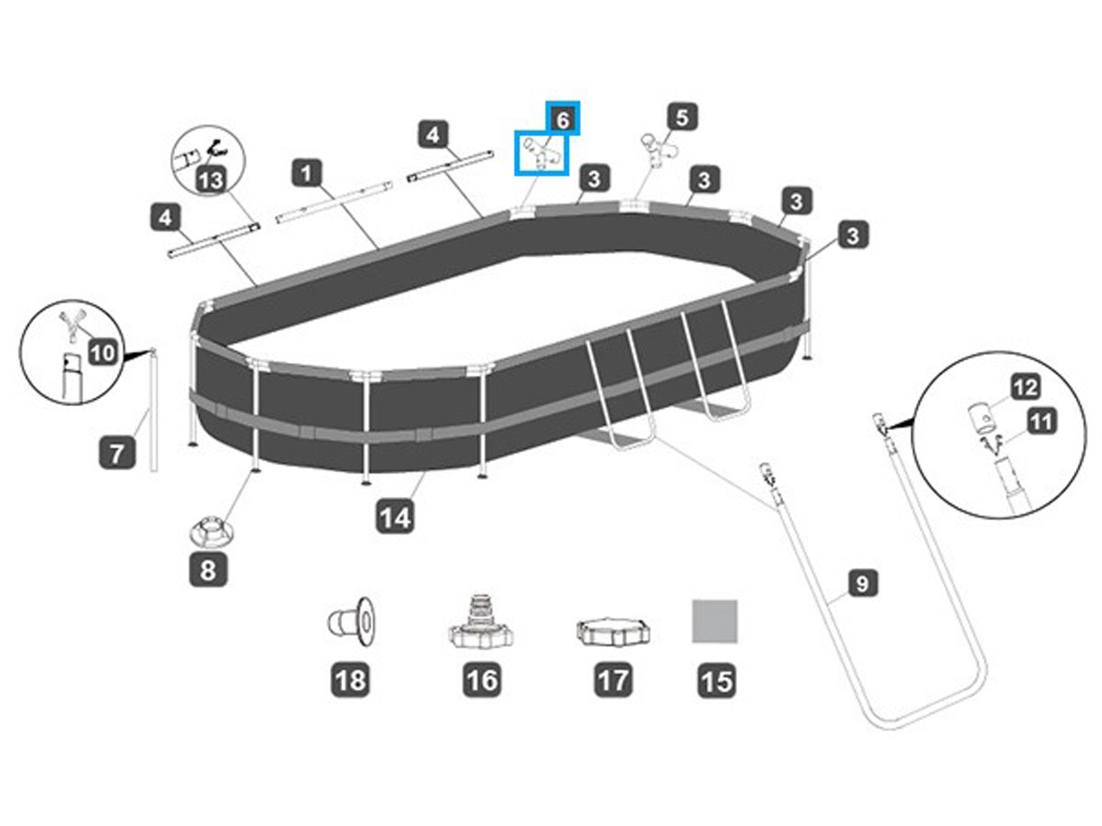 Bestway® Spare Part T-connector F (grey / Seal & Lock System™) for various Power Steel™ pools, oval