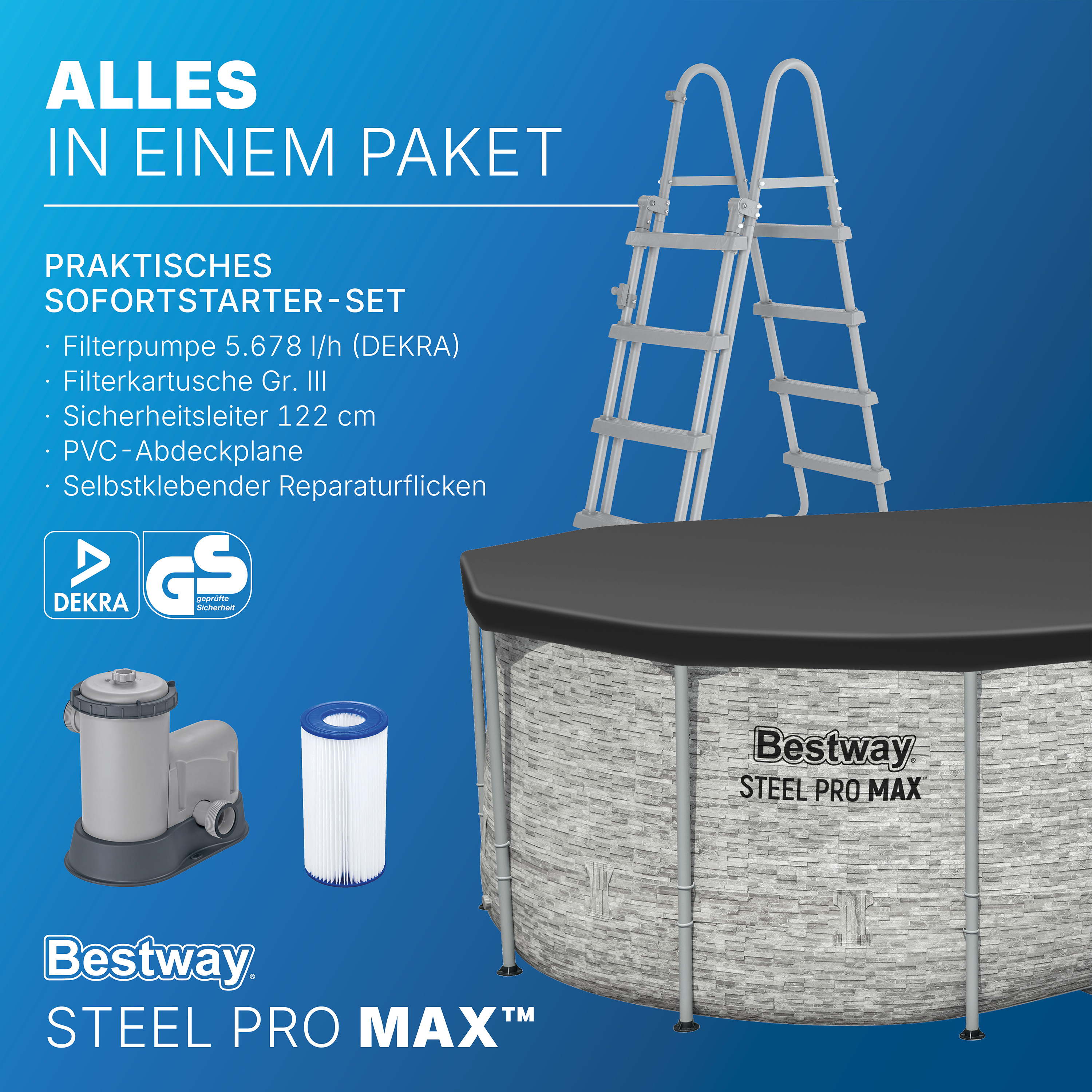 Steel Pro MAX™ Splashview™ Frame Pool Komplett Set mit Filterpumpe 549 x 274 x 122 cm, Steinwand-Optik (Cremegrau), oval