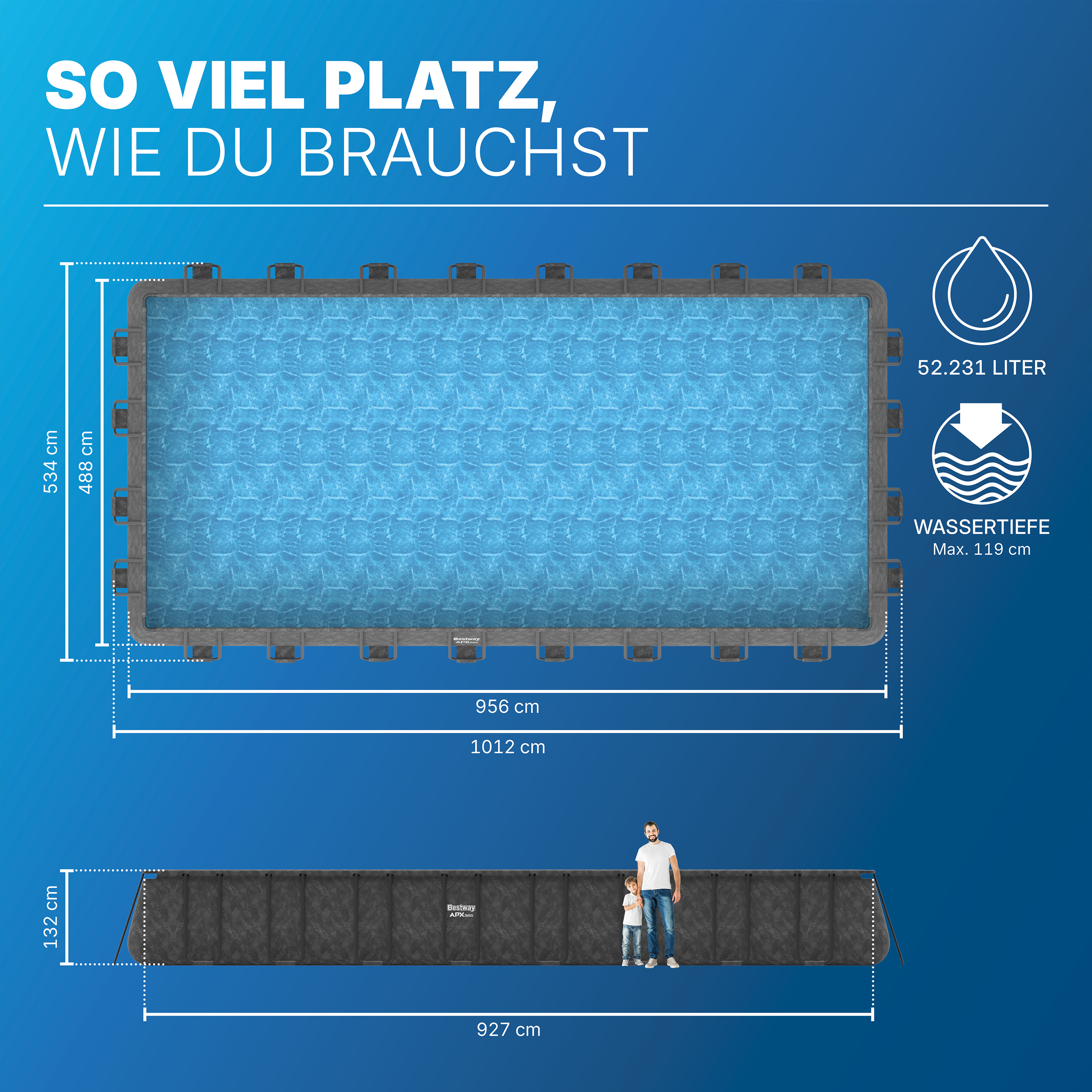 APX365™ Winterfestes Frame Pool Komplett Set mit Sandfilteranlage 956 x 488 x 132 cm, Marmor-Optik (Dunkel), eckig
