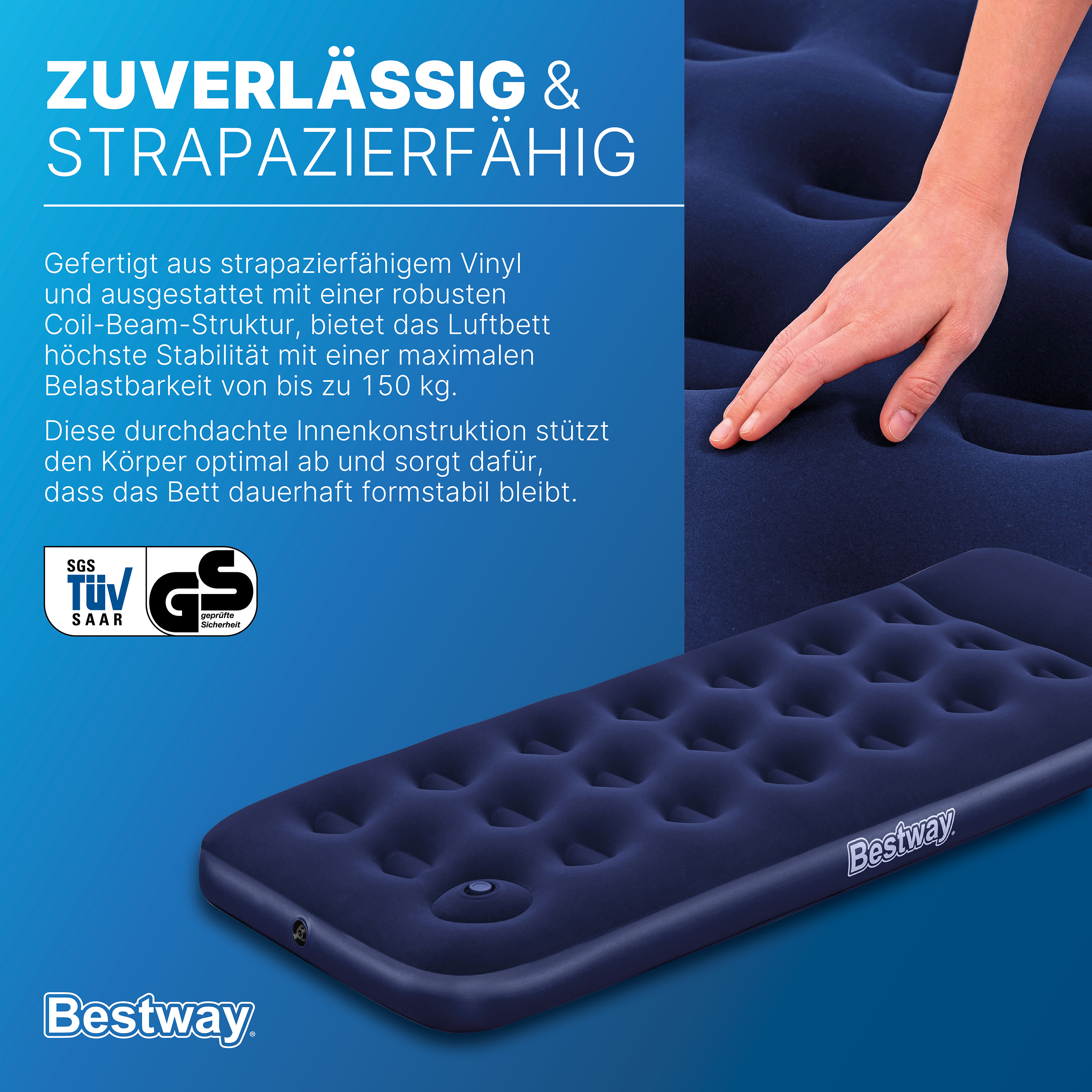 Single Luftbett mit integrierter Fußpumpe 185 x 76 x 28 cm
