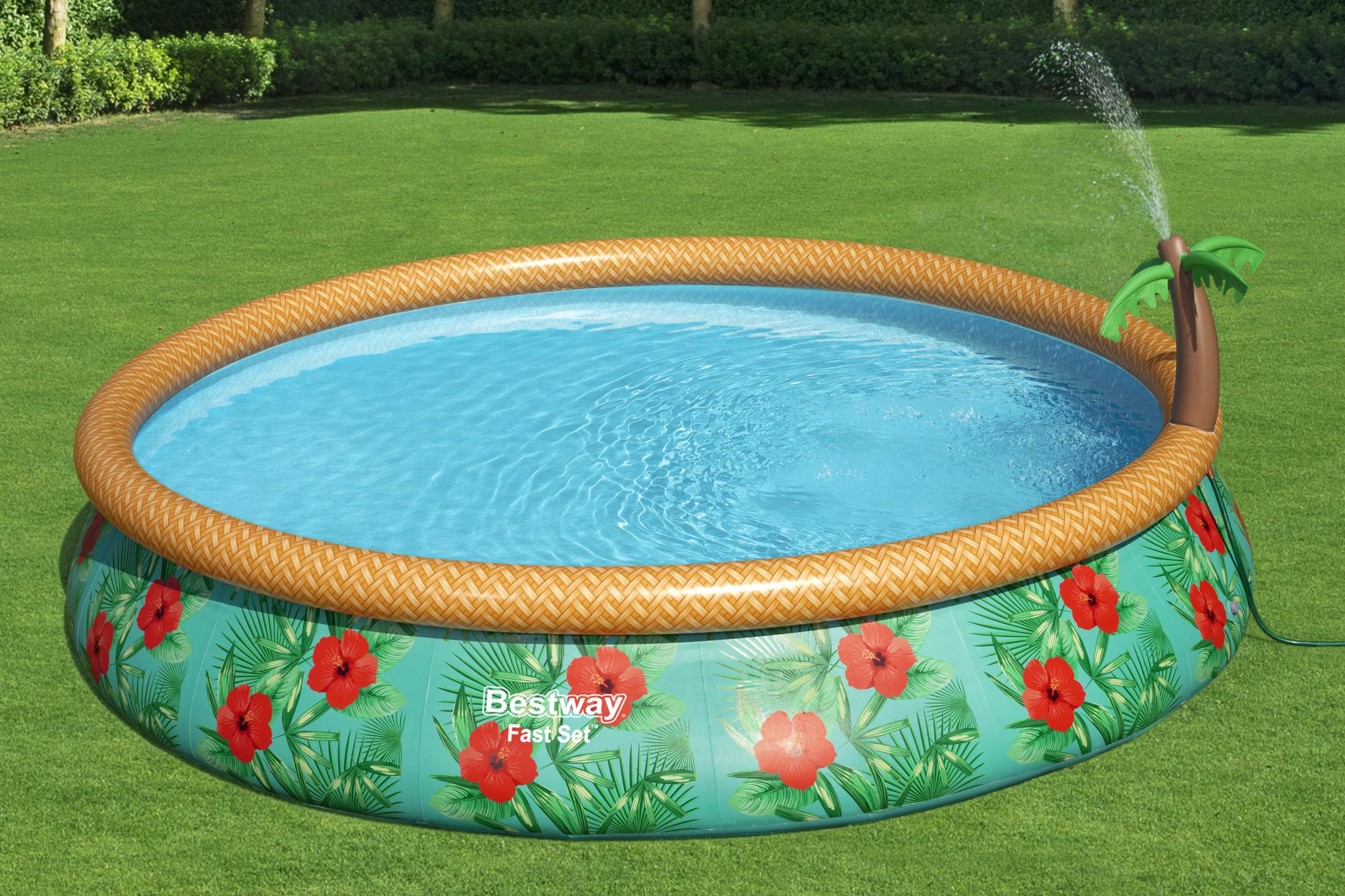 Fast Set™ Aufstellpool Set mit Wassersprinkler und Filterpumpe Ø 457 x 84 cm, Buntes Hawaii, rund