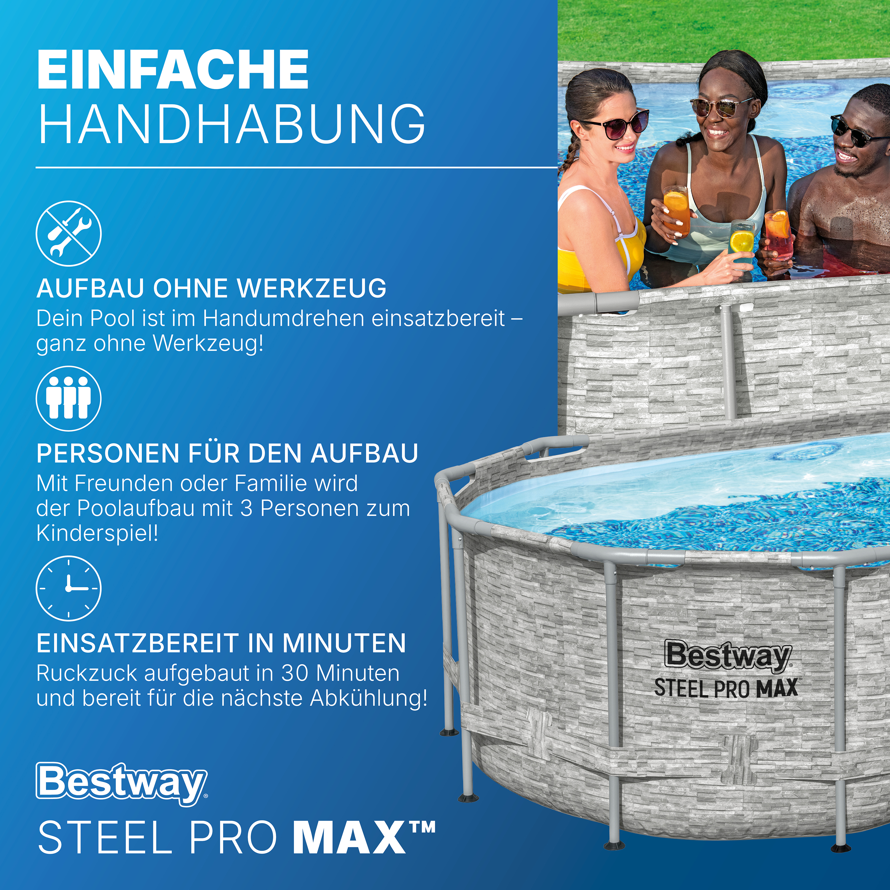 Steel Pro MAX™ Splashview™ Solo Pool ohne Zubehör 427 x 250 x 100 cm, Steinwand-Optik (Cremegrau), oval
