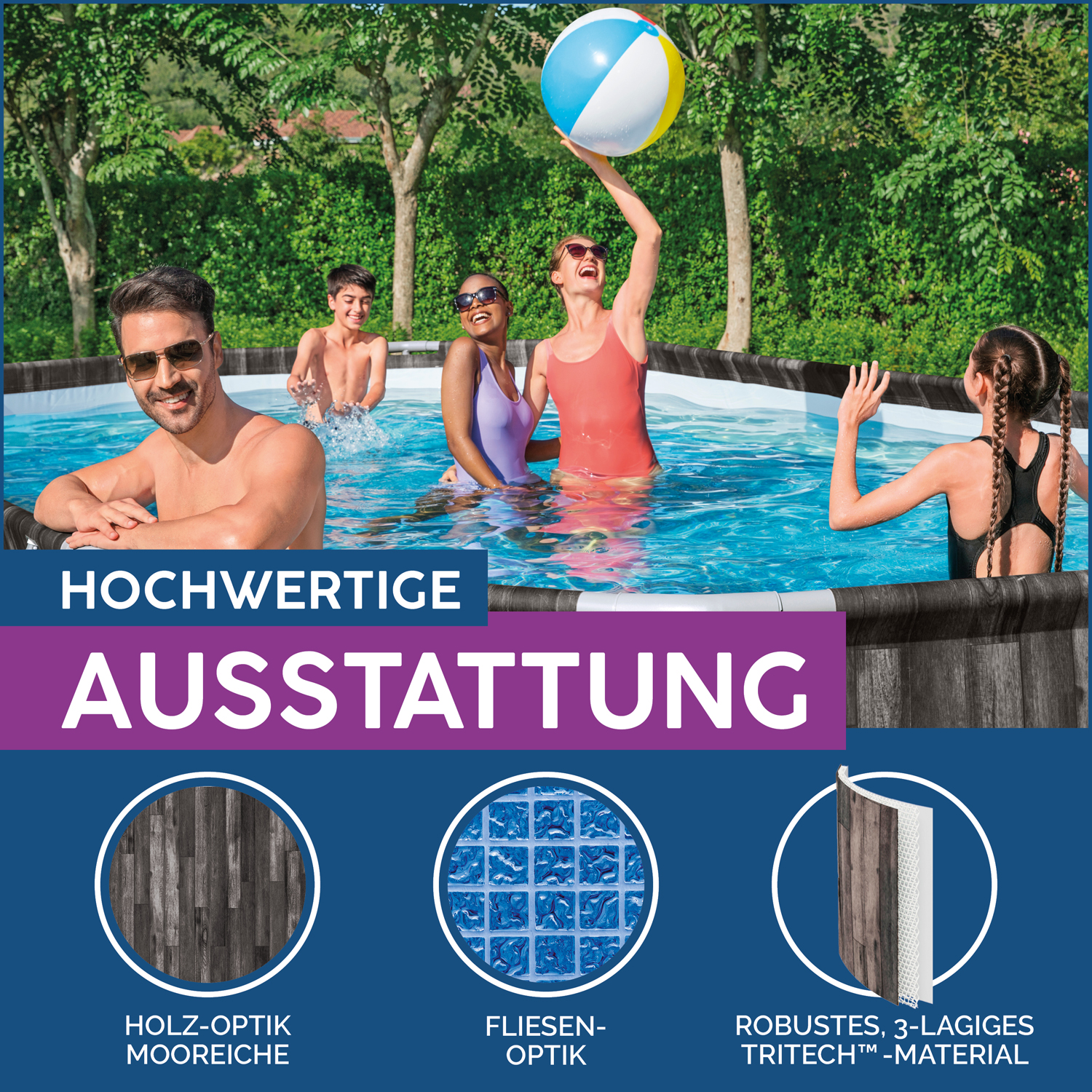 Power Steel™ Frame Pool Komplett-Set mit Filterpumpe 732 x 366 x 122 cm , Holz-Optik (Mooreiche), oval
