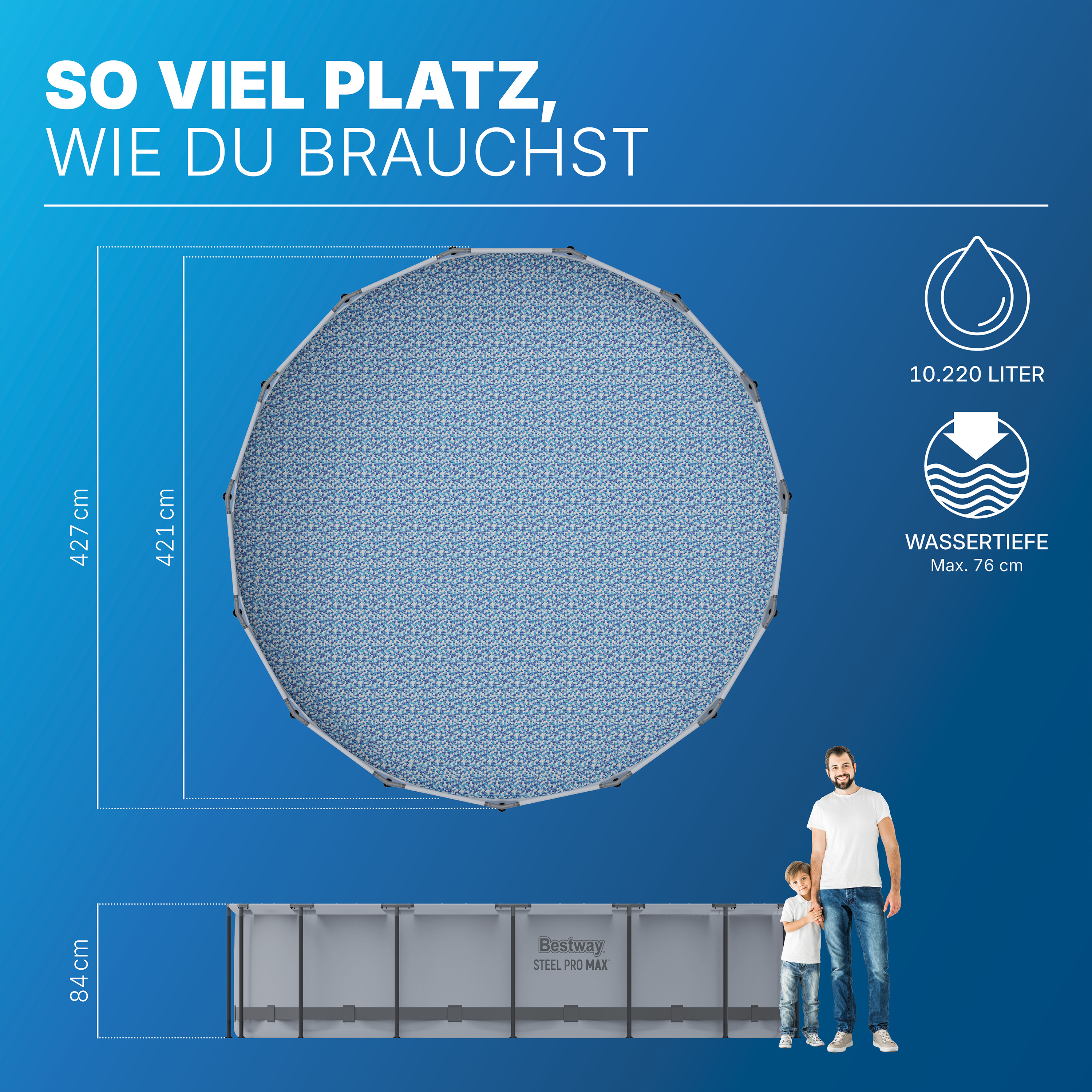 Steel Pro MAX™ Frame Pool Set mit Filterpumpe Ø 427 x 84 cm, lichtgrau, rund