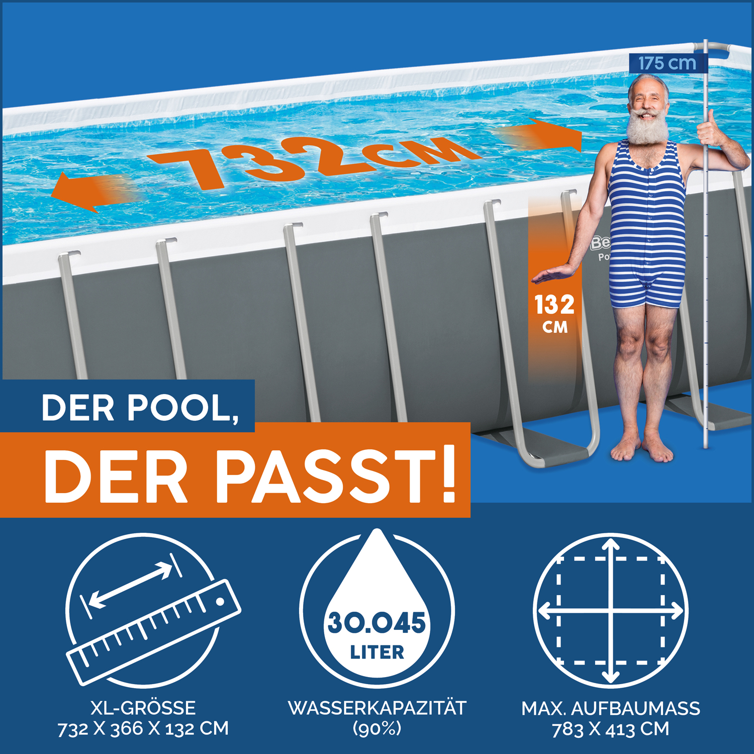 Power Steel™ Frame Pool Komplett-Set mit Sandfilteranlage 732 x 366 x 132 cm, grau, eckig