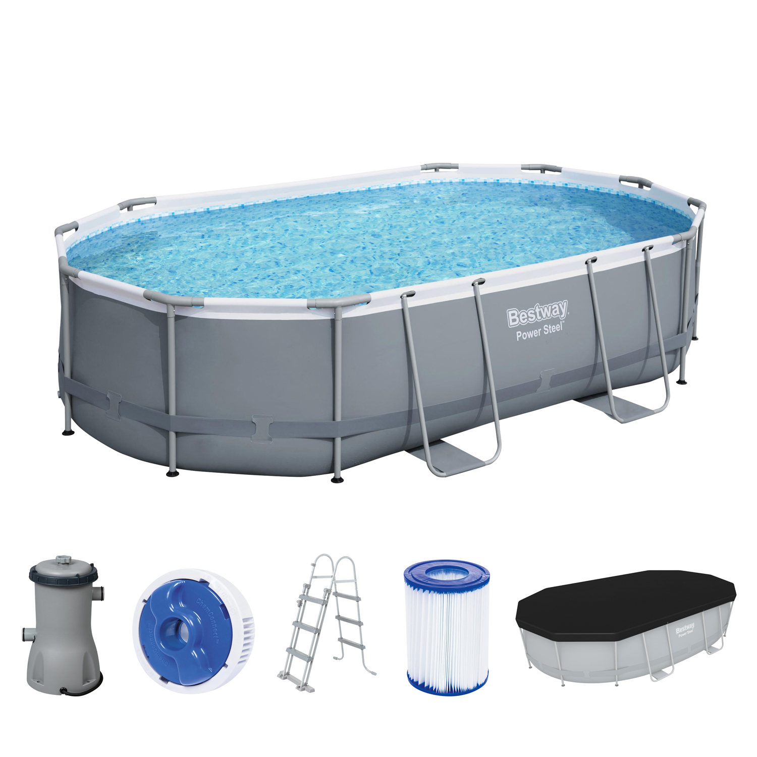 Power Steel™ Frame Pool Komplett-Set mit Filterpumpe 488 x 305 x 107 cm, grau, oval